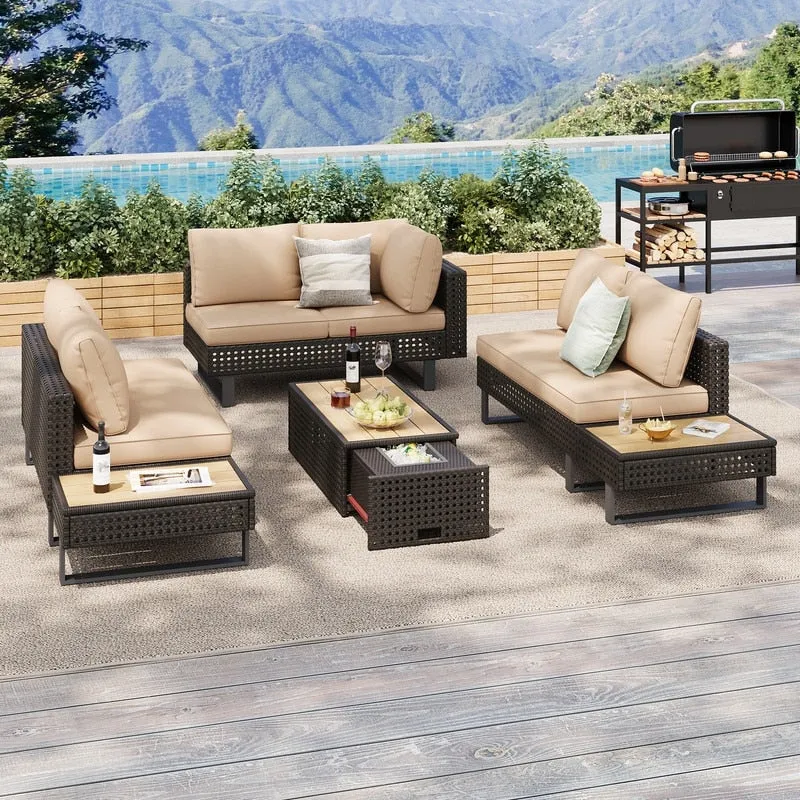 6-Piece Diamond Weave Patio Sectional Furniture Set with Extendable Coffee Table with Ice Bucket