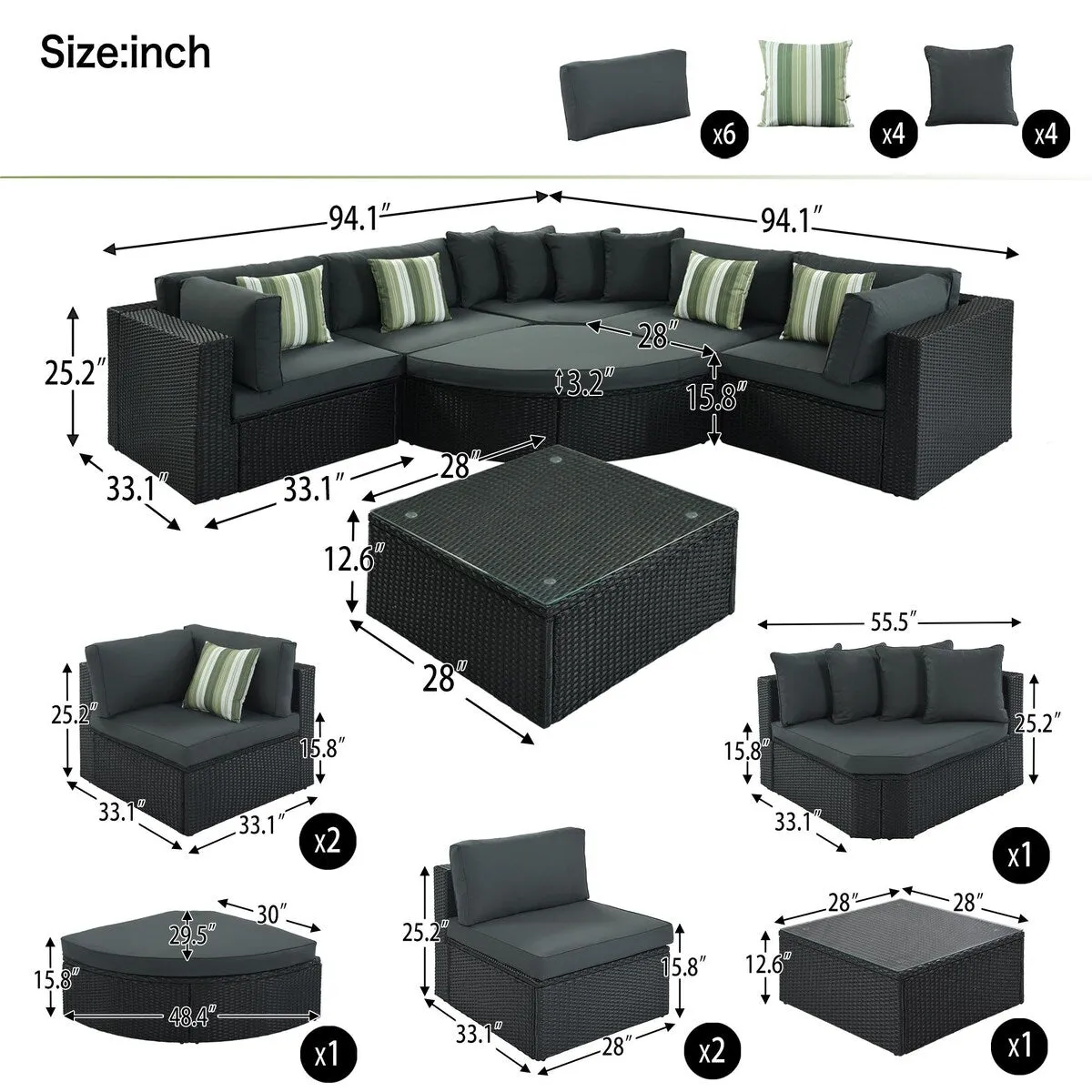 7-Piece Outdoor Wicker Sofa Set. Rattan Sofa Lounger. with Striped Pillows. Conversation Sofa