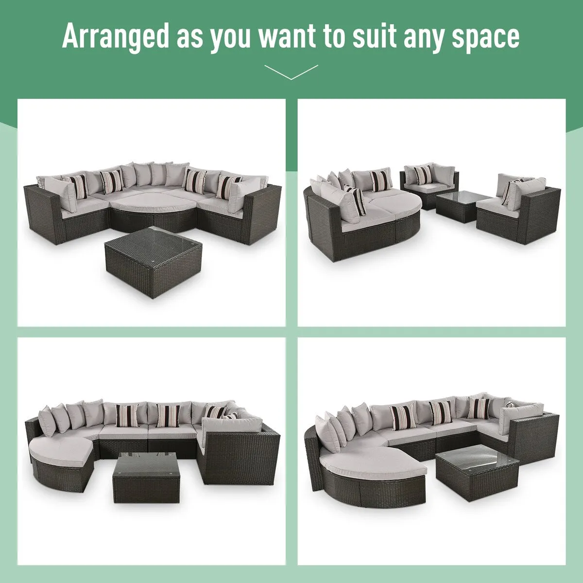 7-Piece Outdoor Wicker Sofa Set. Rattan Sofa Lounger. with Striped Pillows. Conversation Sofa