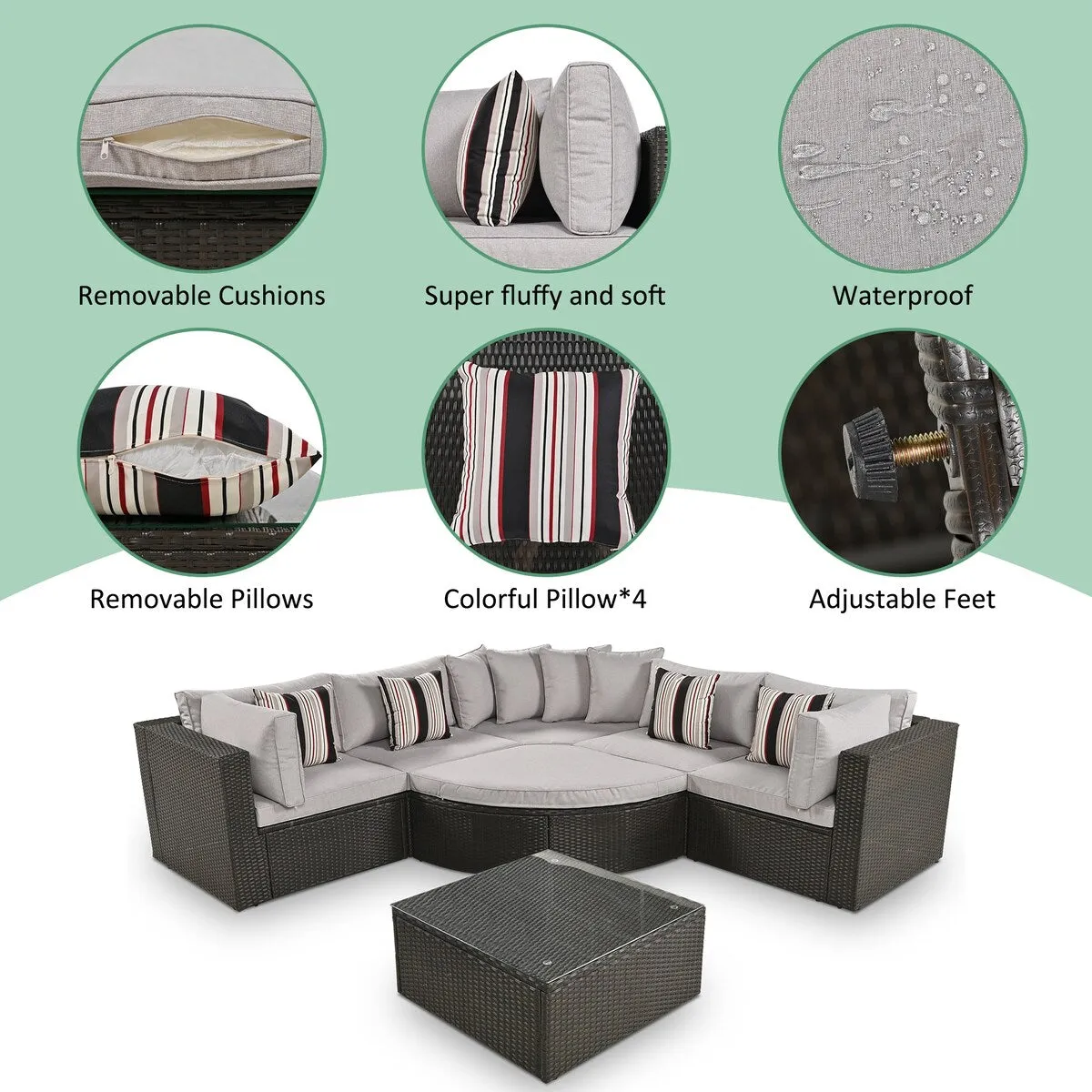 7-Piece Outdoor Wicker Sofa Set. Rattan Sofa Lounger. with Striped Pillows. Conversation Sofa