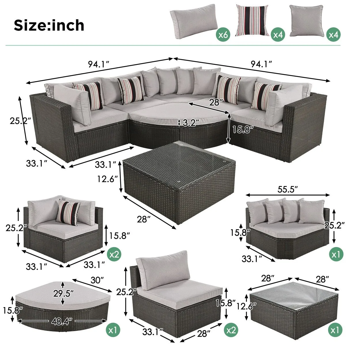 7-Piece Outdoor Wicker Sofa Set. Rattan Sofa Lounger. with Striped Pillows. Conversation Sofa