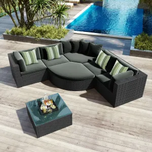 7-Piece Outdoor Wicker Sofa Set. Rattan Sofa Lounger. with Striped Pillows. Conversation Sofa