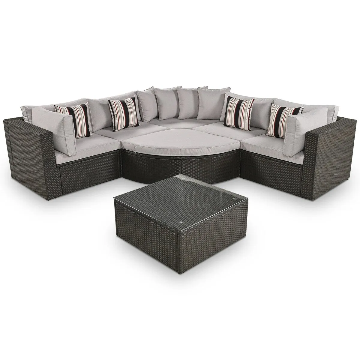 7-Piece Outdoor Wicker Sofa Set. Rattan Sofa Lounger. with Striped Pillows. Conversation Sofa