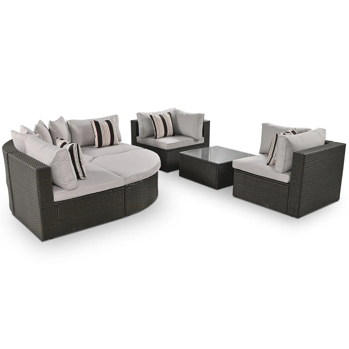 7-Piece Outdoor Wicker Sofa Set. Rattan Sofa Lounger. with Striped Pillows. Conversation Sofa
