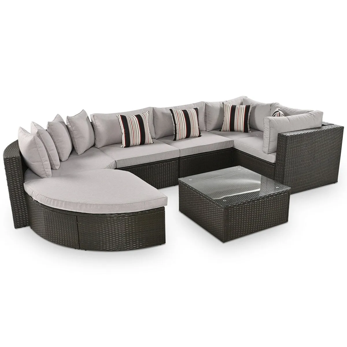 7-Piece Outdoor Wicker Sofa Set. Rattan Sofa Lounger. with Striped Pillows. Conversation Sofa