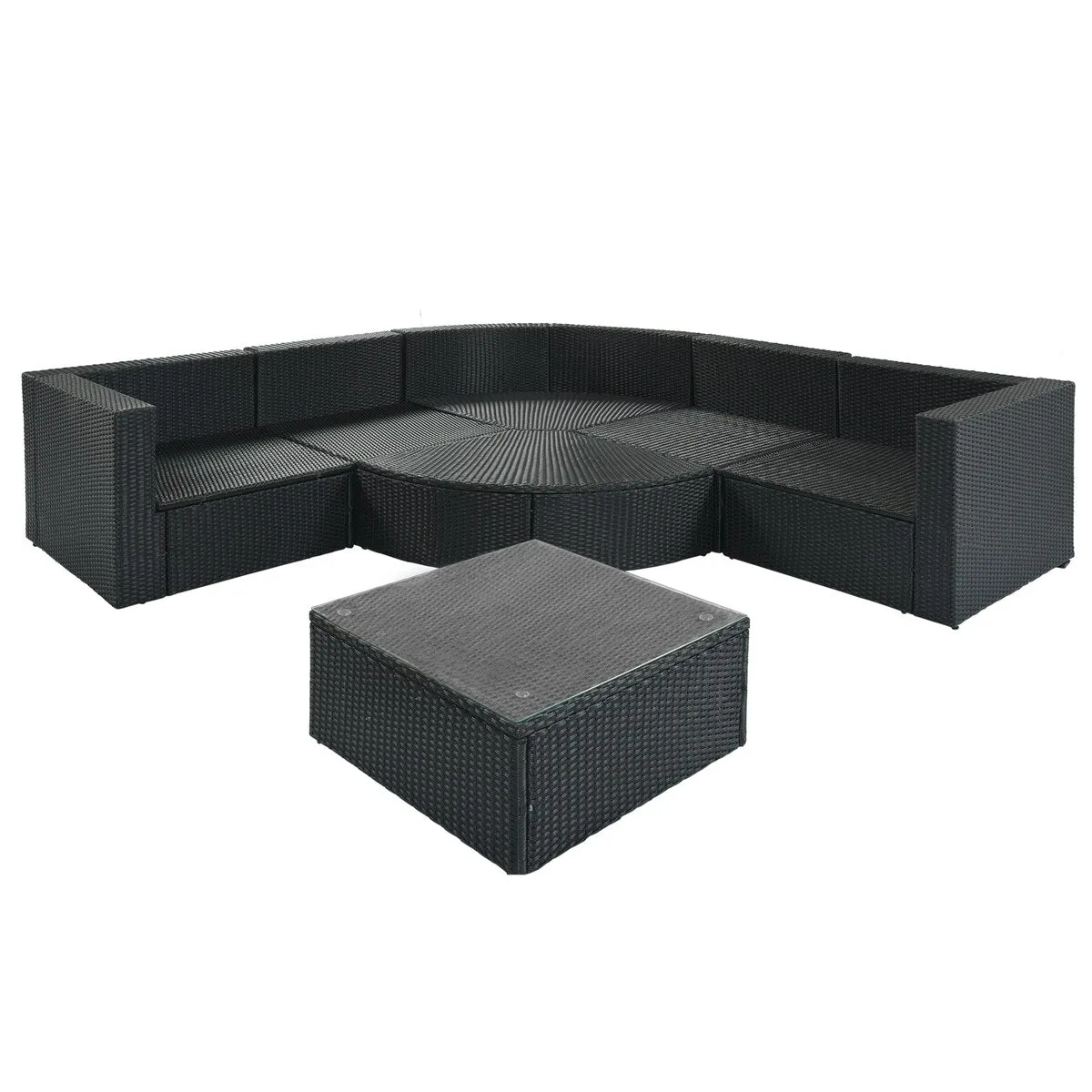 7-Piece Outdoor Wicker Sofa Set. Rattan Sofa Lounger. with Striped Pillows. Conversation Sofa