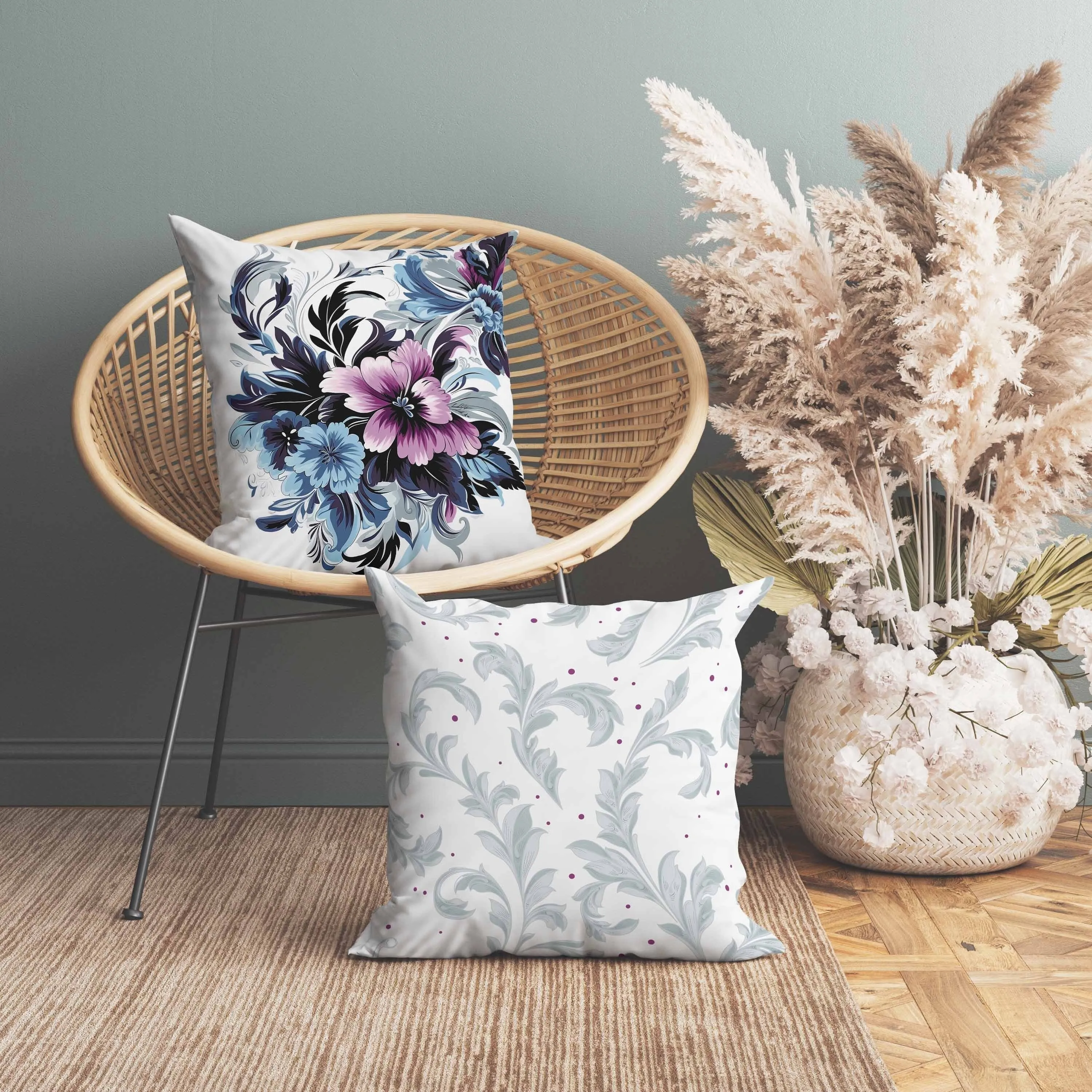 Botanic Bliss Faux Suede Reversible Throw Pillow Blue and Purple