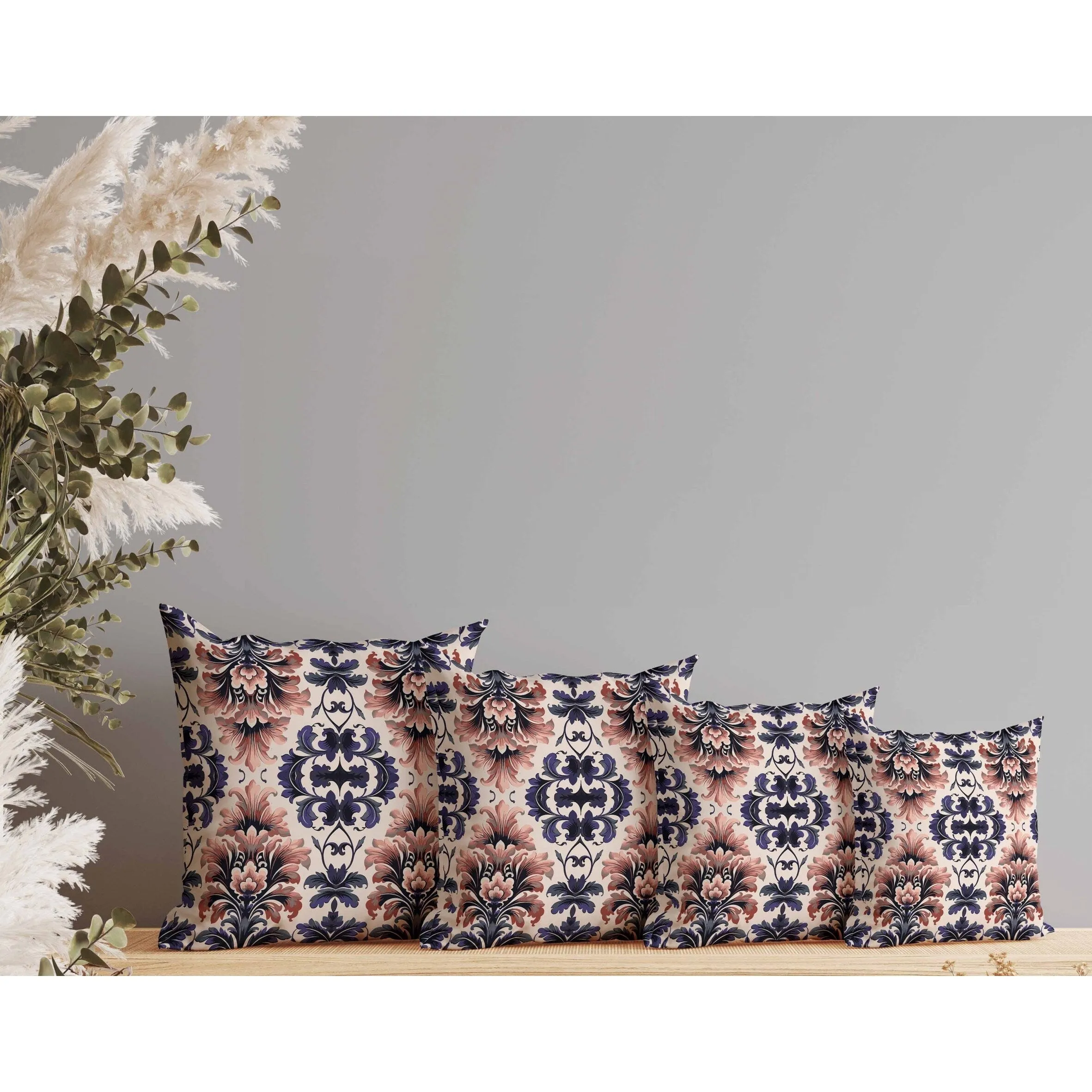 Damask Rapture Indoor/Outdoor Reversible Throw Pillow Grey and Blue