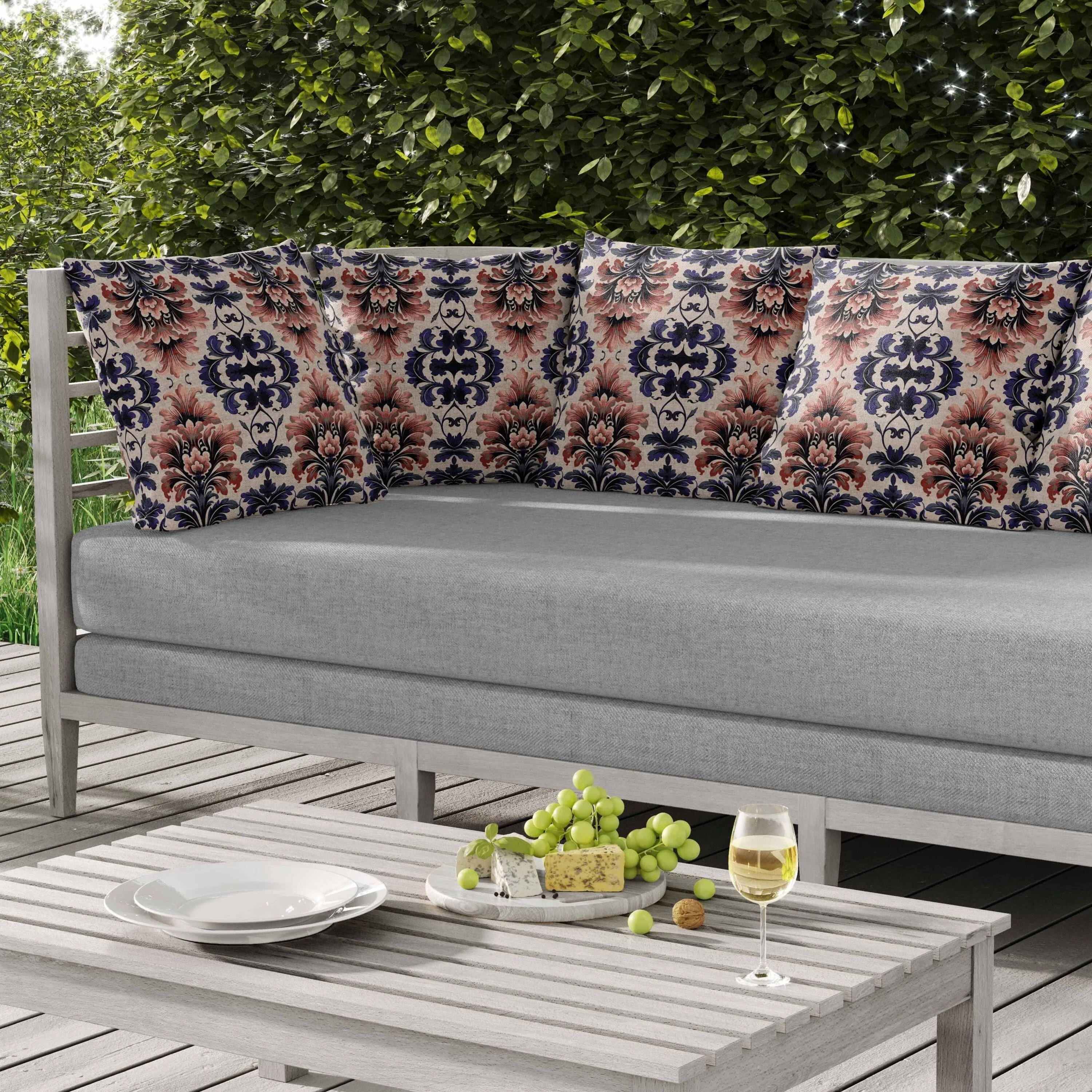 Damask Rapture Indoor/Outdoor Reversible Throw Pillow Grey and Blue