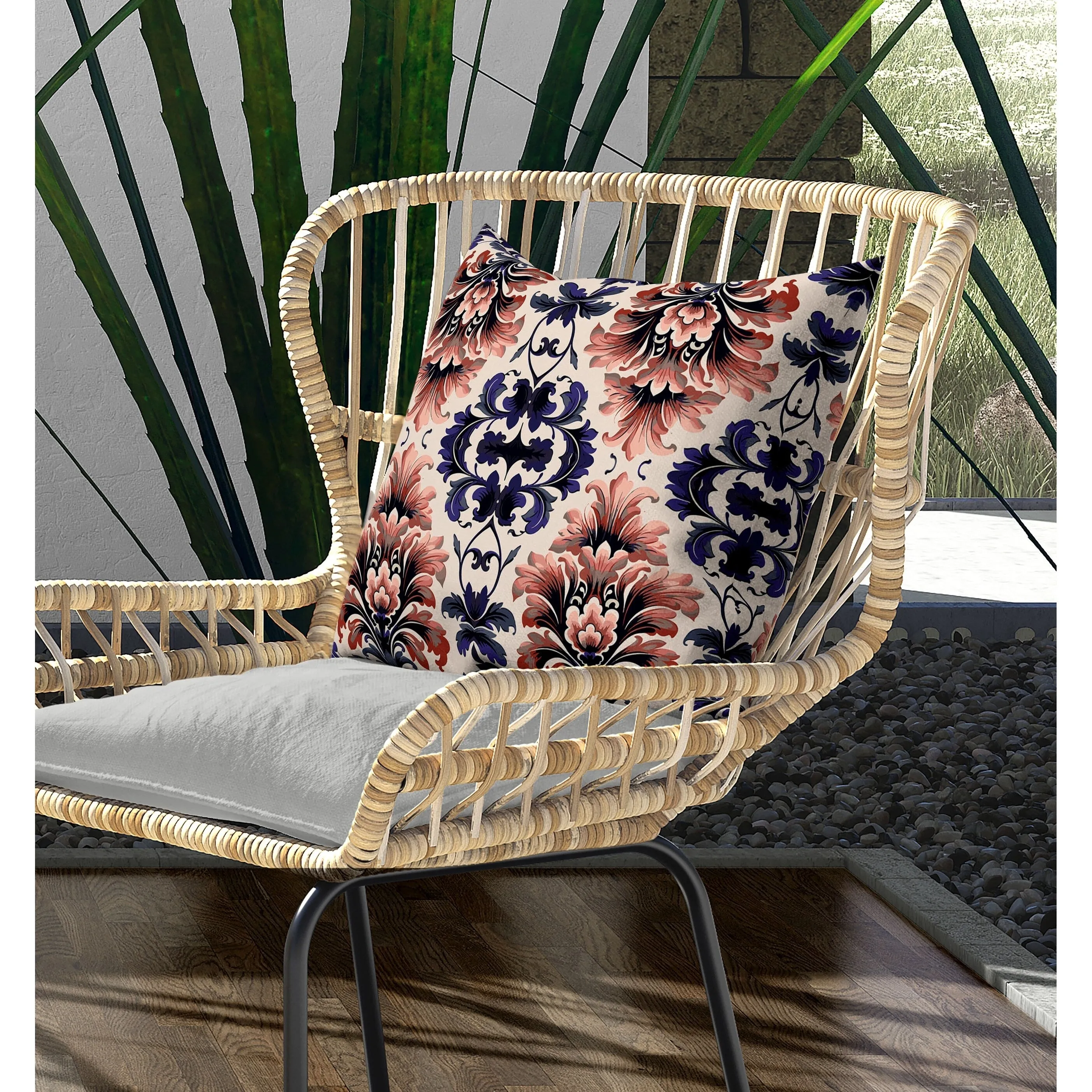 Damask Rapture Indoor/Outdoor Reversible Throw Pillow Grey and Blue