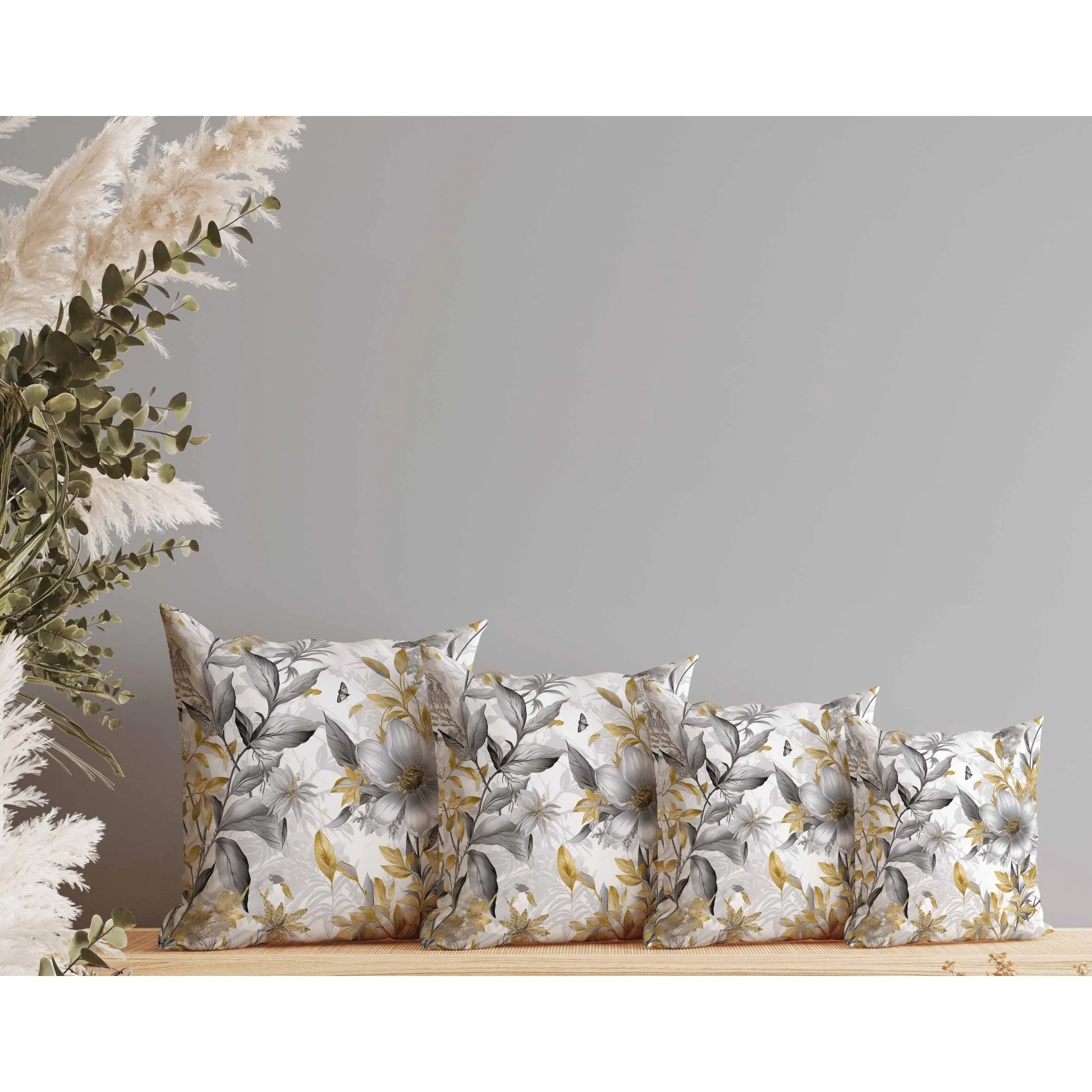Exquisite Floral Breeze Faux Suede Reversible Throw Pillow Grey and Gold
