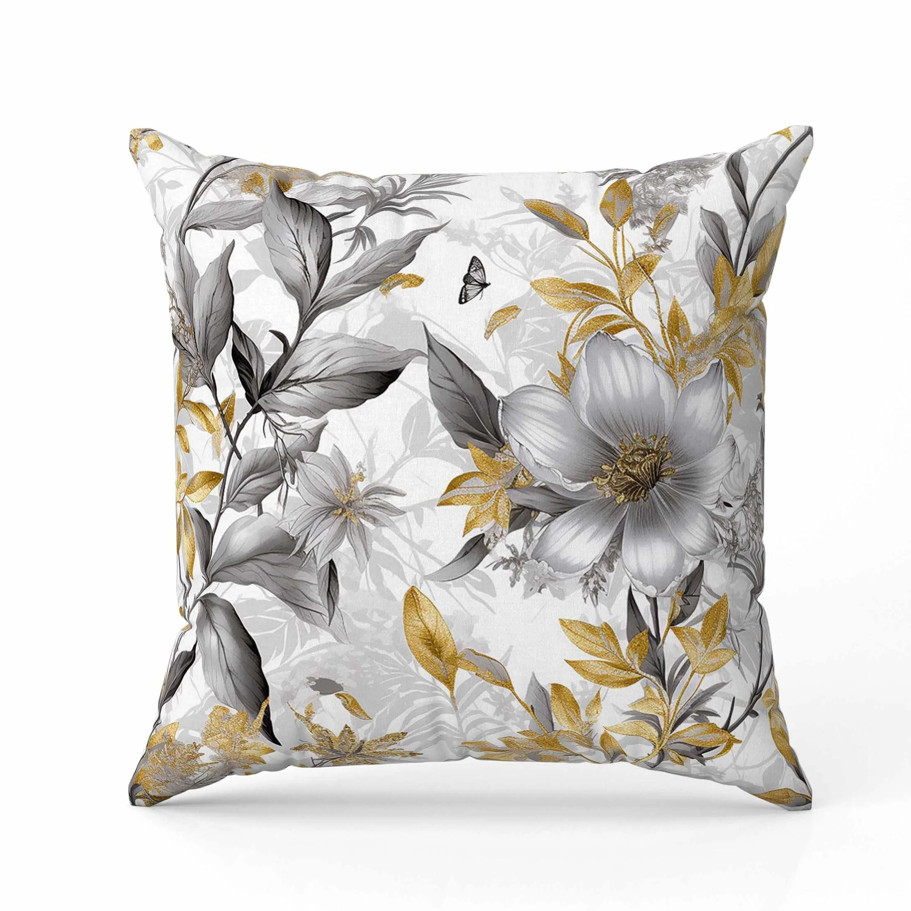 Exquisite Floral Breeze Faux Suede Reversible Throw Pillow Grey and Gold