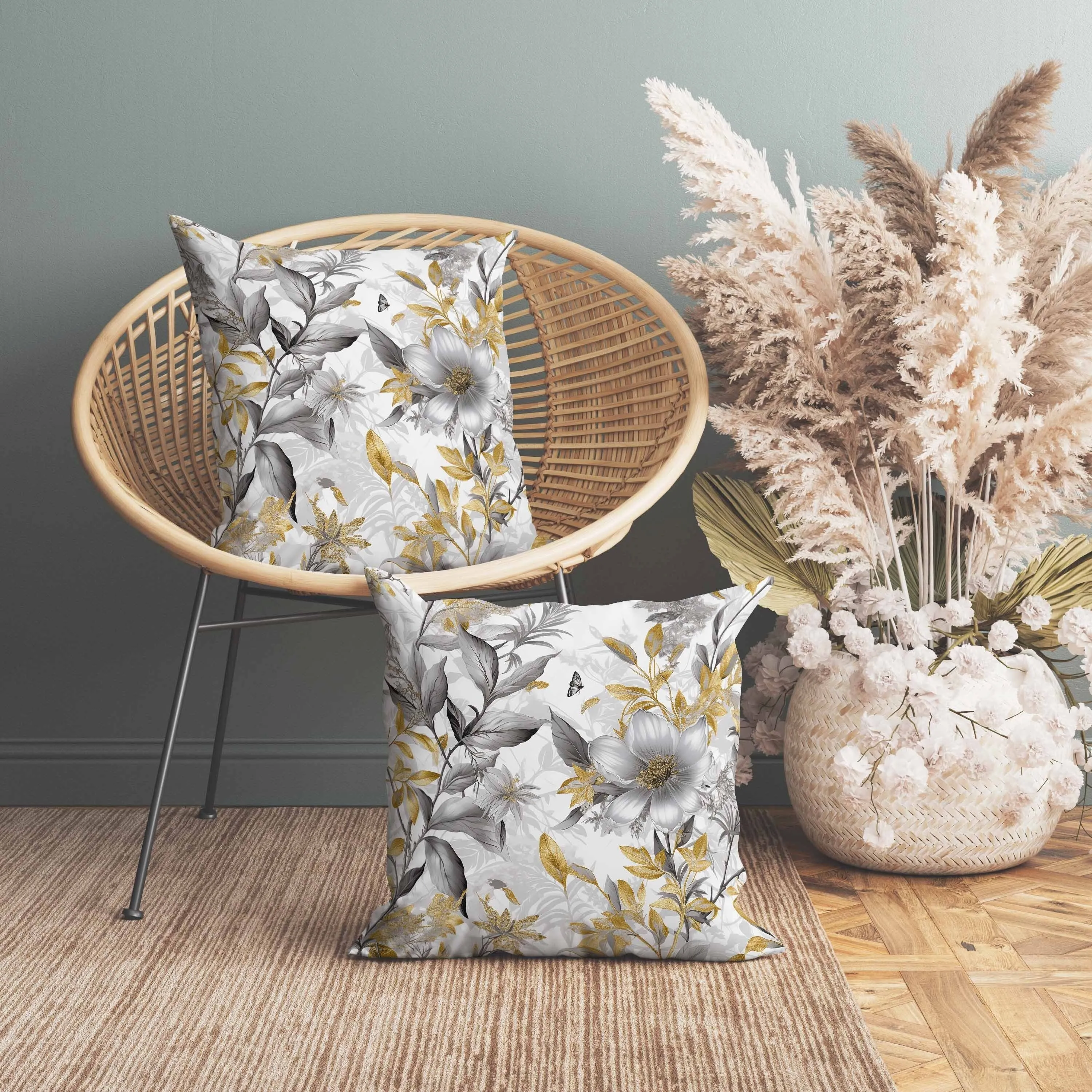 Exquisite Floral Breeze Faux Suede Reversible Throw Pillow Grey and Gold