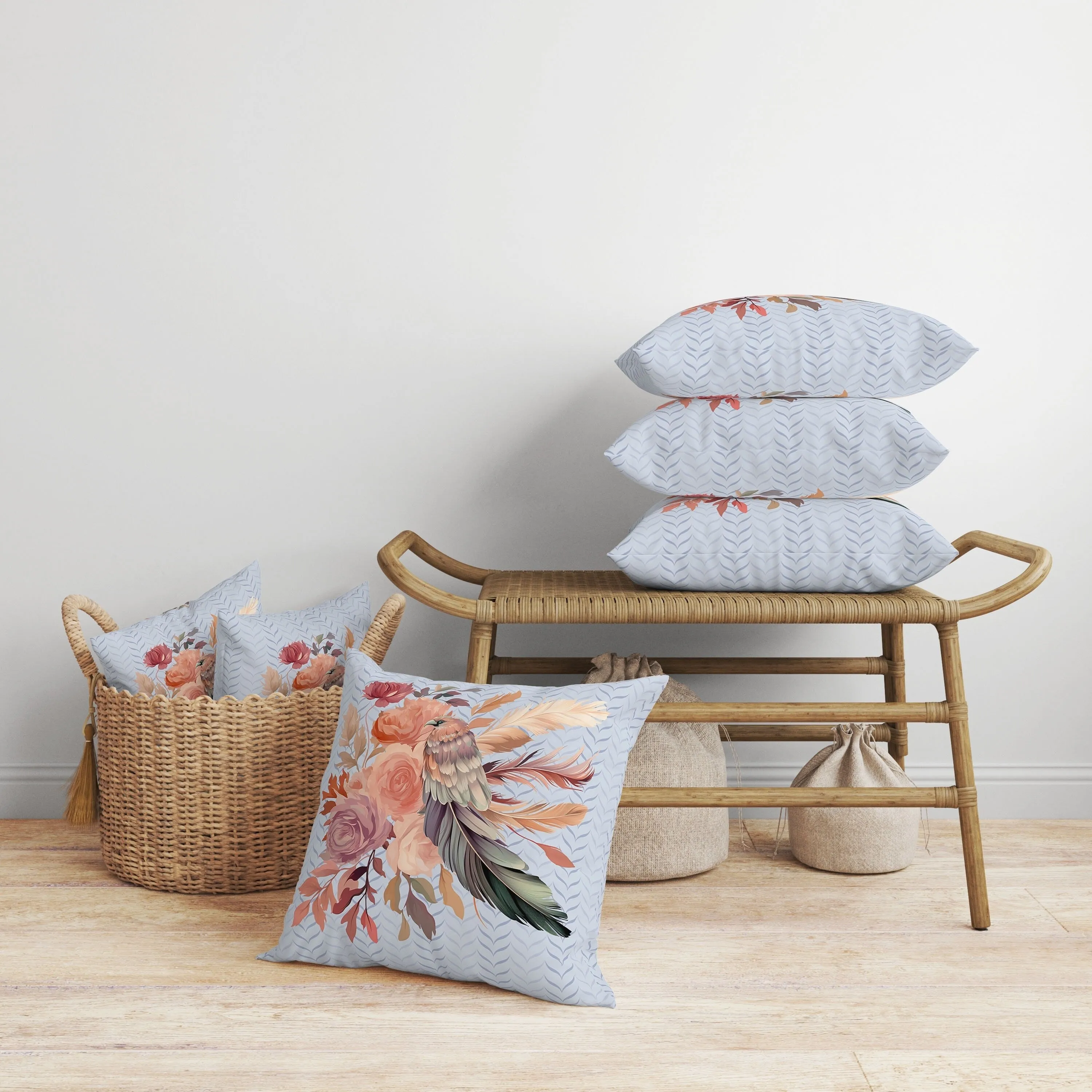 Feathered Bouquet Faux Suede Reversible Throw Pillow Blue and Pink