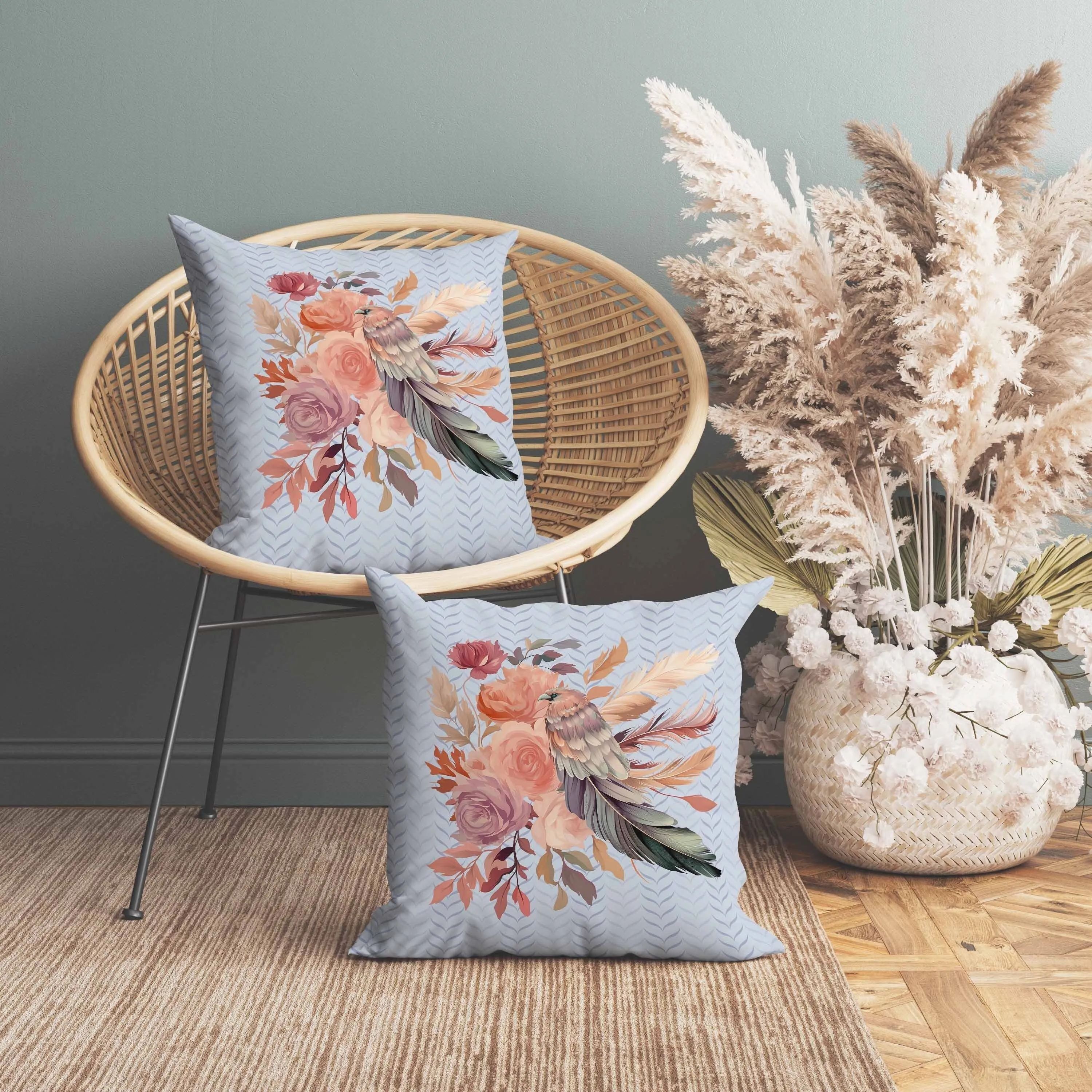Feathered Bouquet Faux Suede Reversible Throw Pillow Blue and Pink