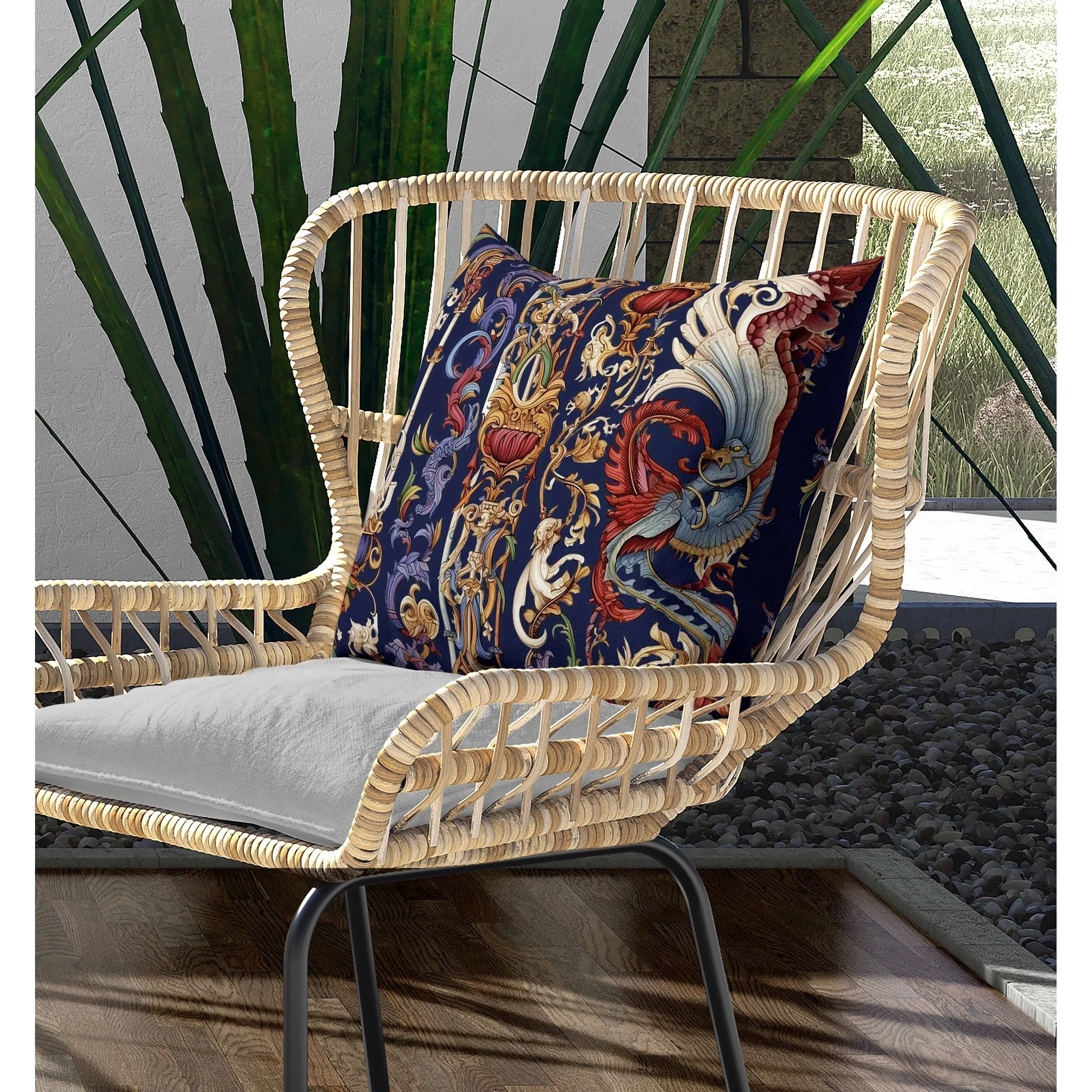 Flamewind Freesia Indoor/Outdoor Reversible Throw Pillow Blue and Red