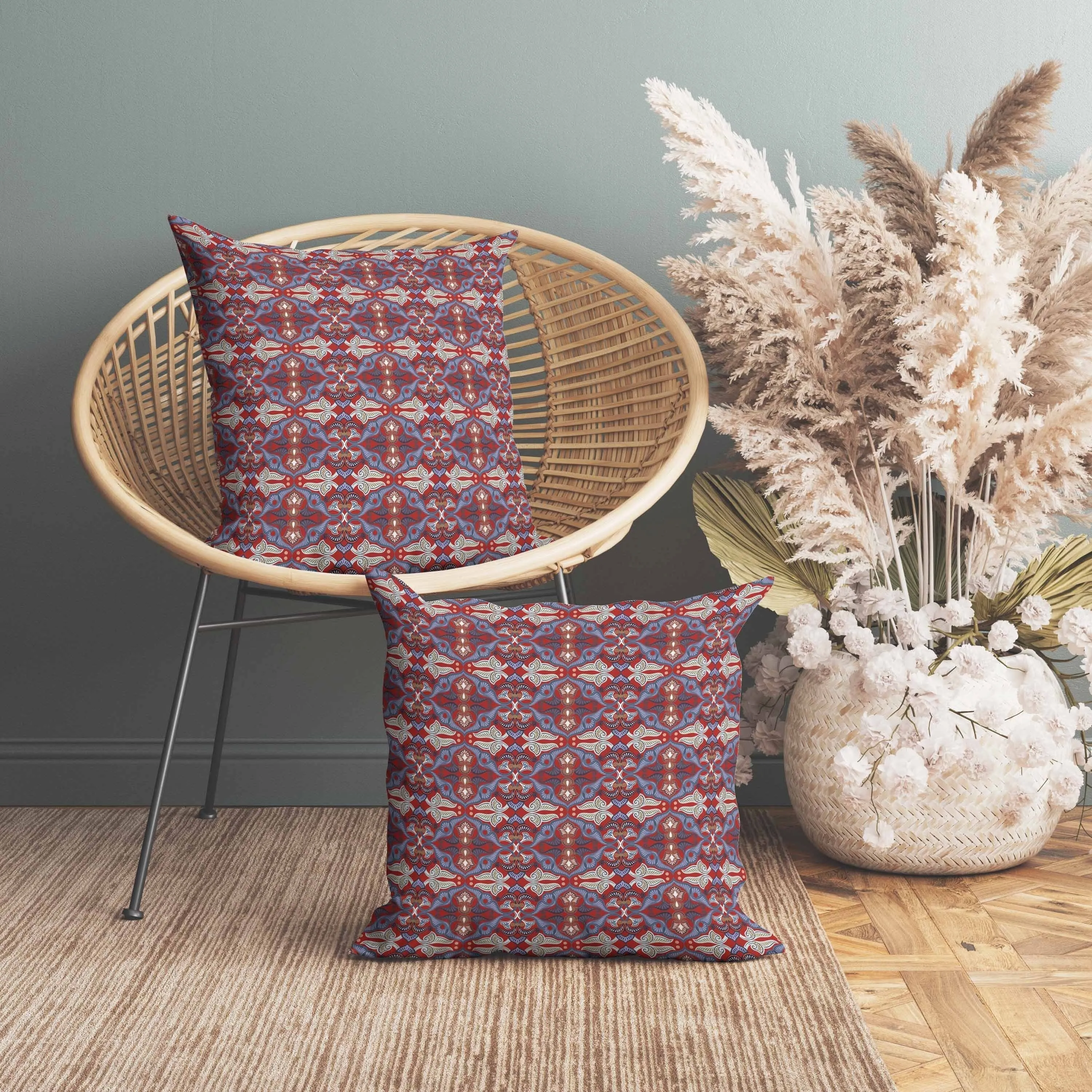 Floral Elegance Indoor/Outdoor Reversible Throw Pillow Red and Blue