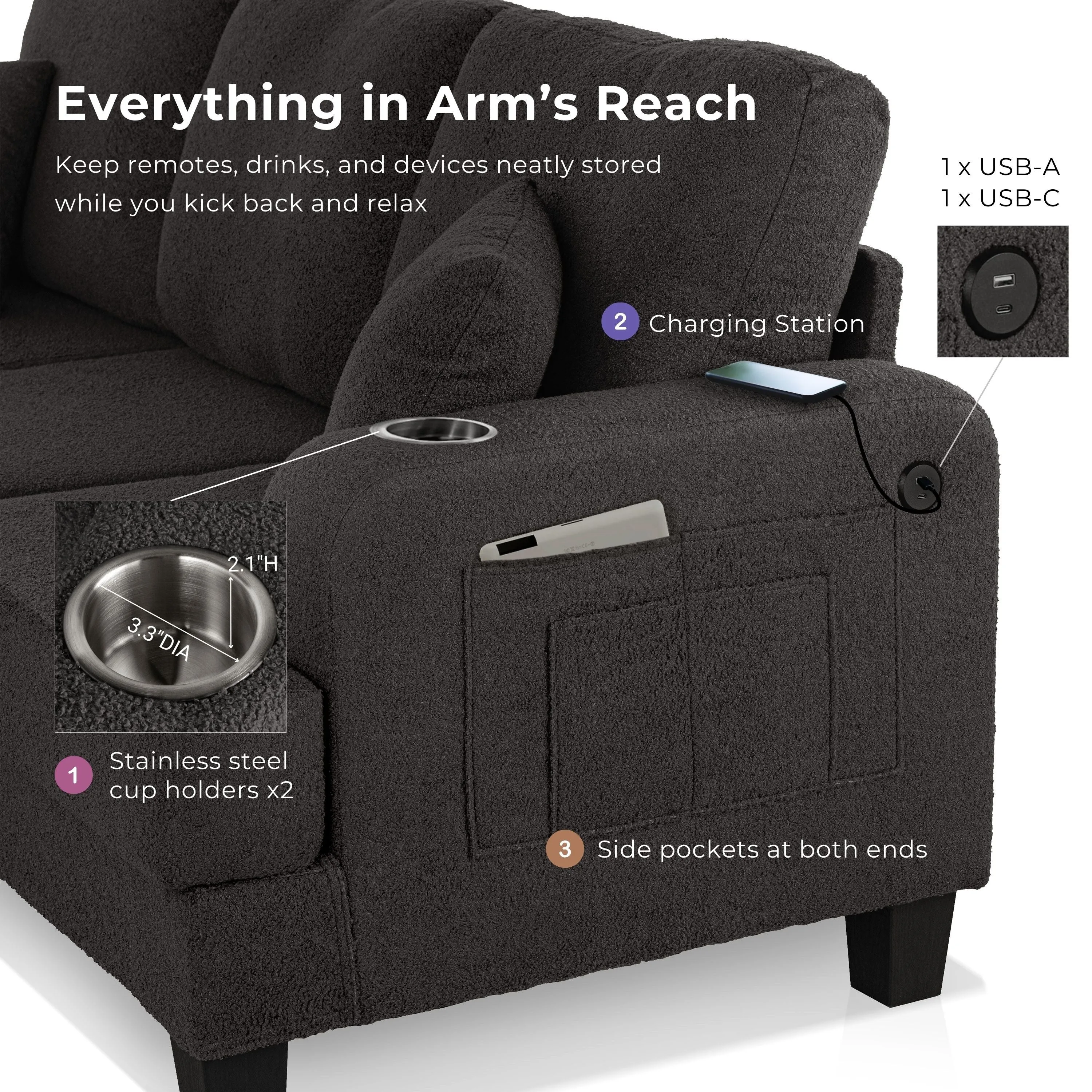 Furniture of America Xenia Modern 2-Piece Boucle Sofa Set with Cup Holders and USB Ports