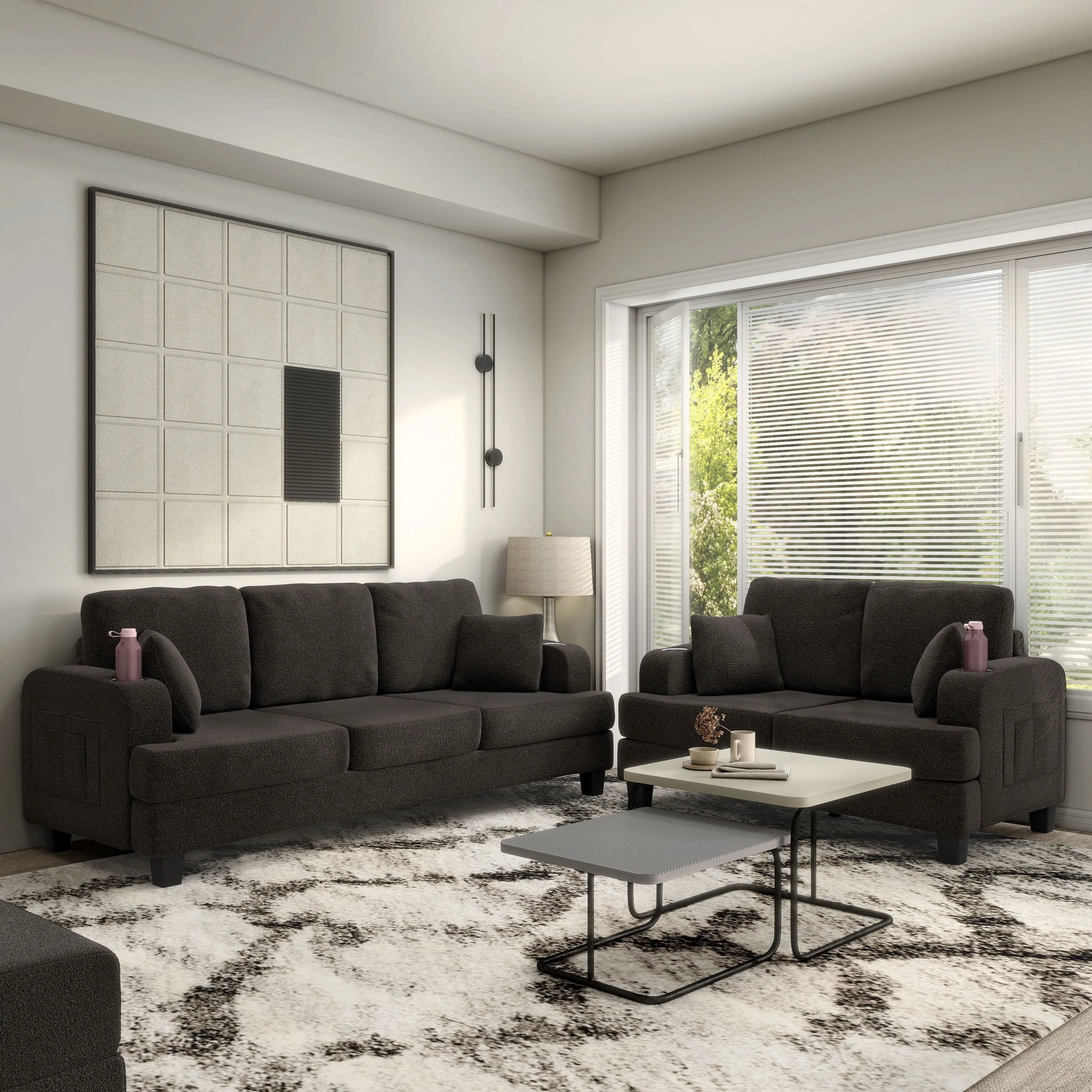 Furniture of America Xenia Modern 2-Piece Boucle Sofa Set with Cup Holders and USB Ports