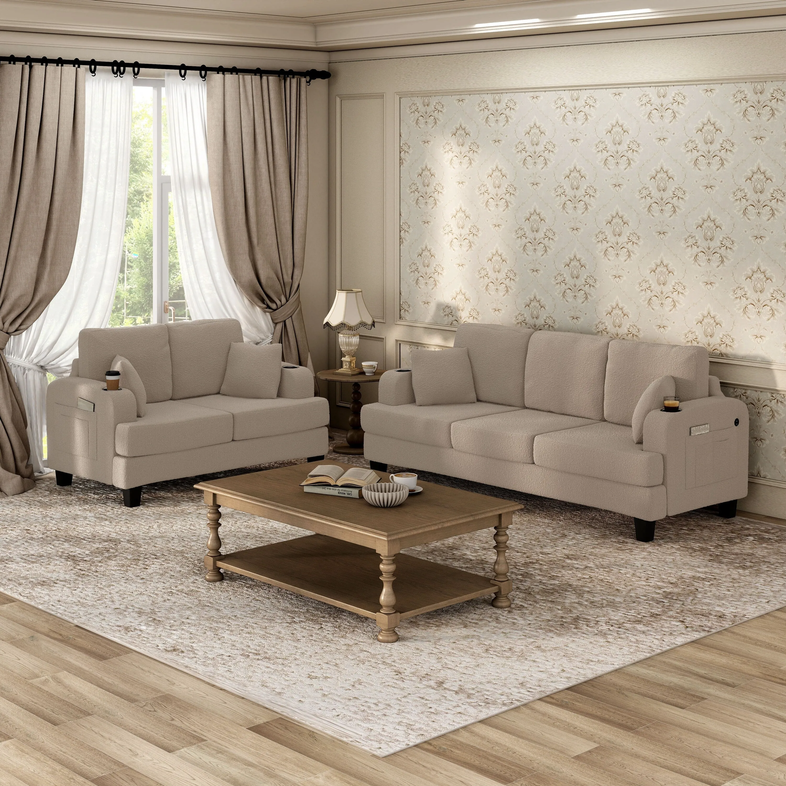 Furniture of America Xenia Modern 2-Piece Boucle Sofa Set with Cup Holders and USB Ports