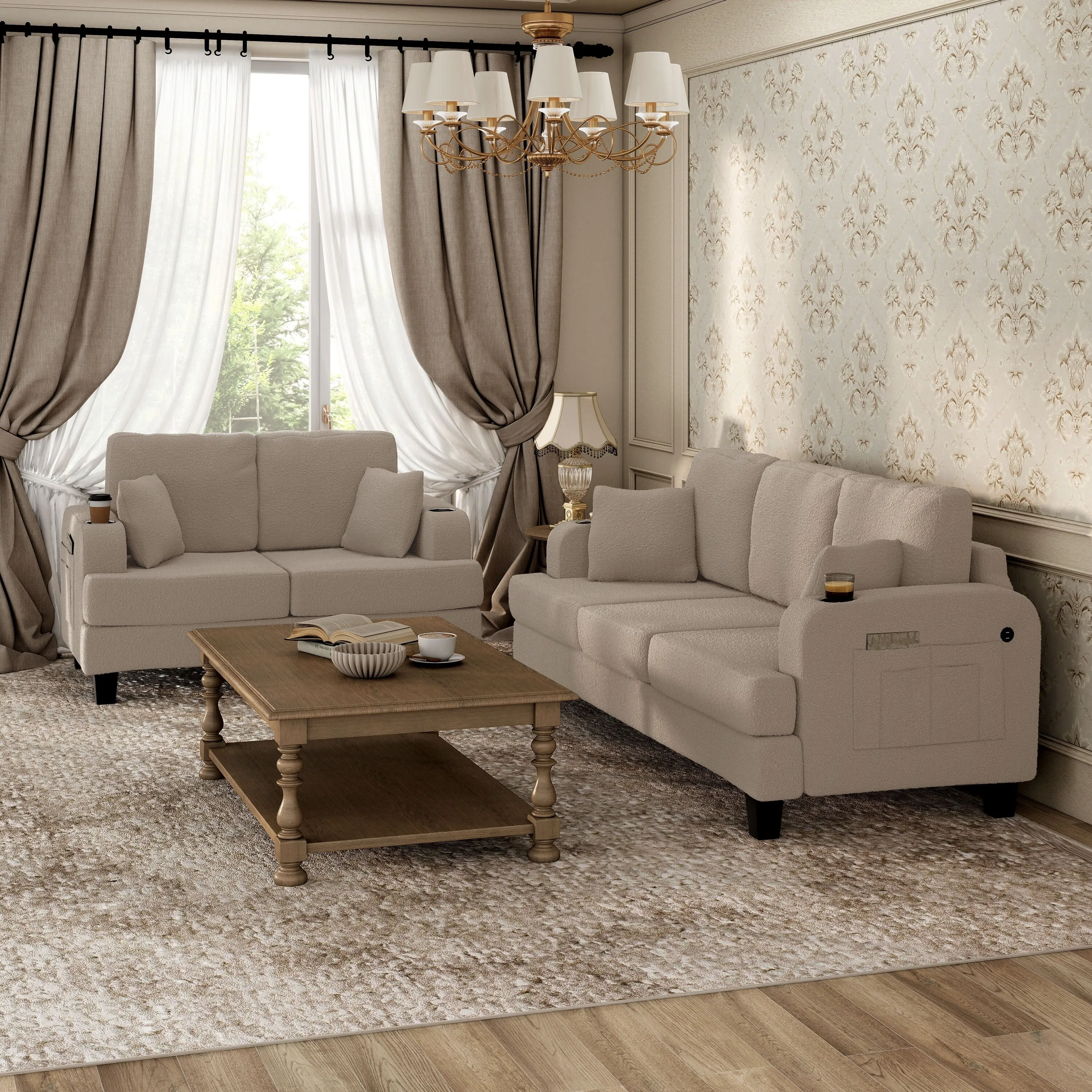 Furniture of America Xenia Modern 2-Piece Boucle Sofa Set with Cup Holders and USB Ports