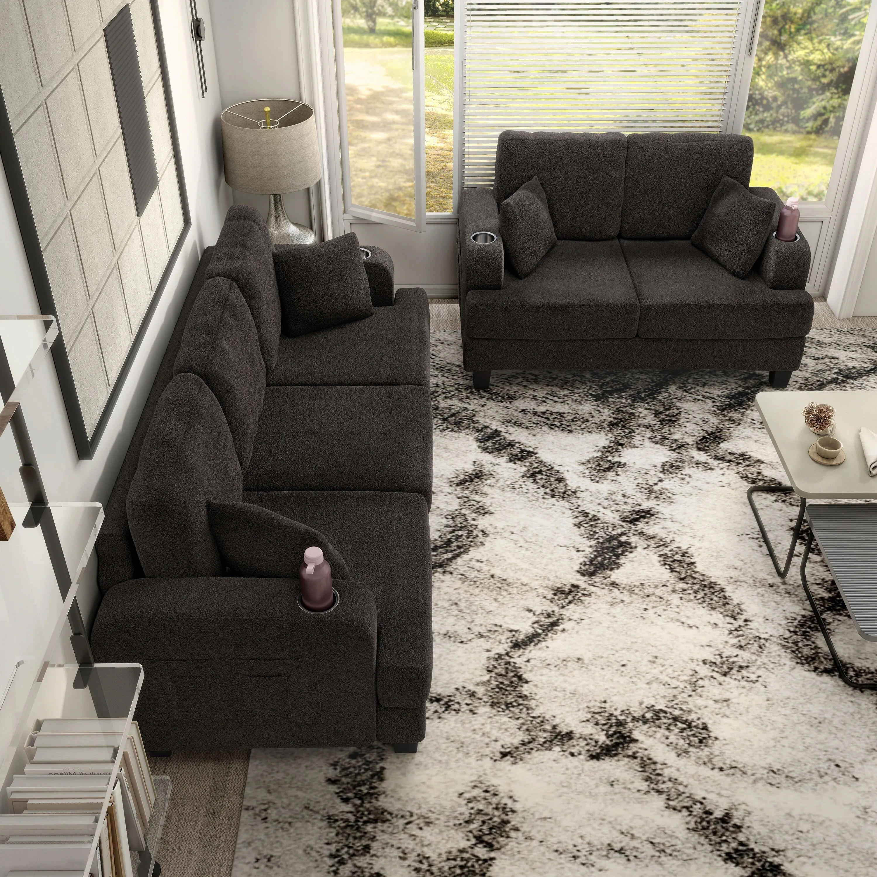 Furniture of America Xenia Modern 2-Piece Boucle Sofa Set with Cup Holders and USB Ports