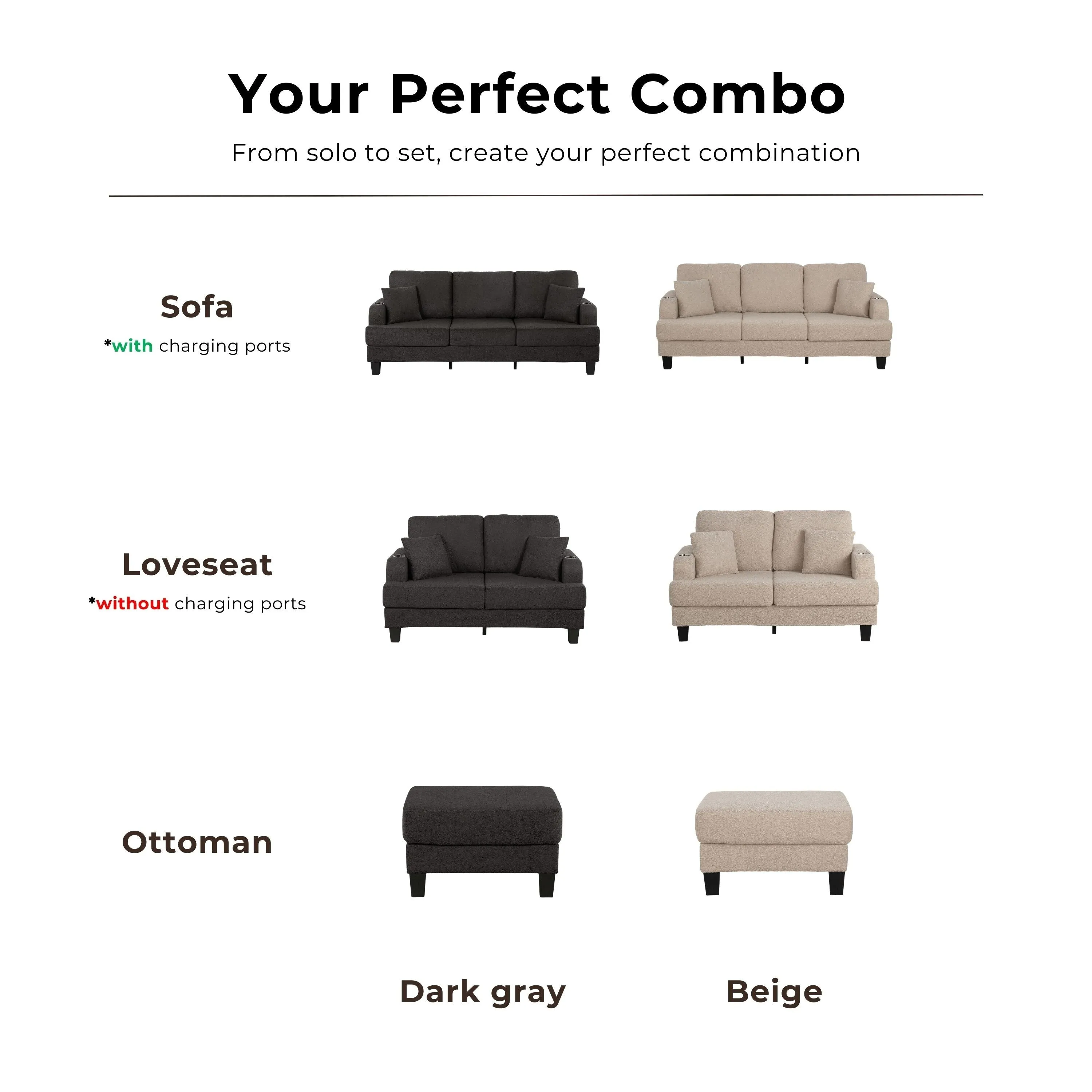 Furniture of America Xenia Modern 2-Piece Boucle Sofa Set with Cup Holders and USB Ports