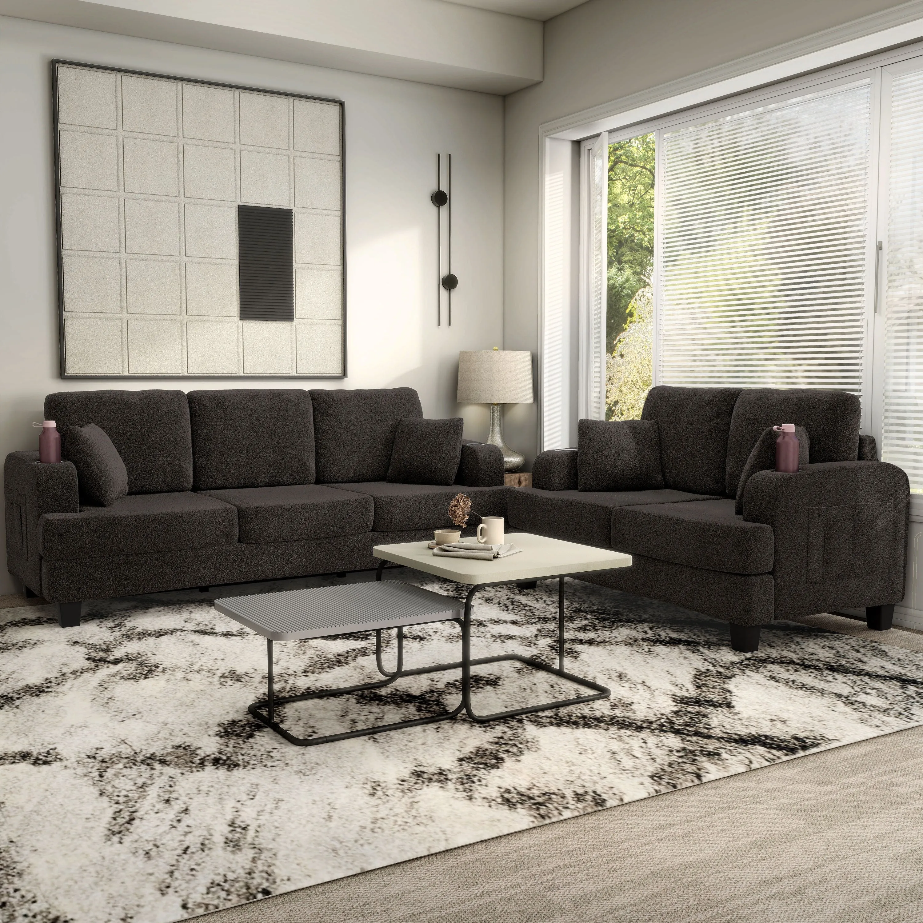 Furniture of America Xenia Modern 2-Piece Boucle Sofa Set with Cup Holders and USB Ports