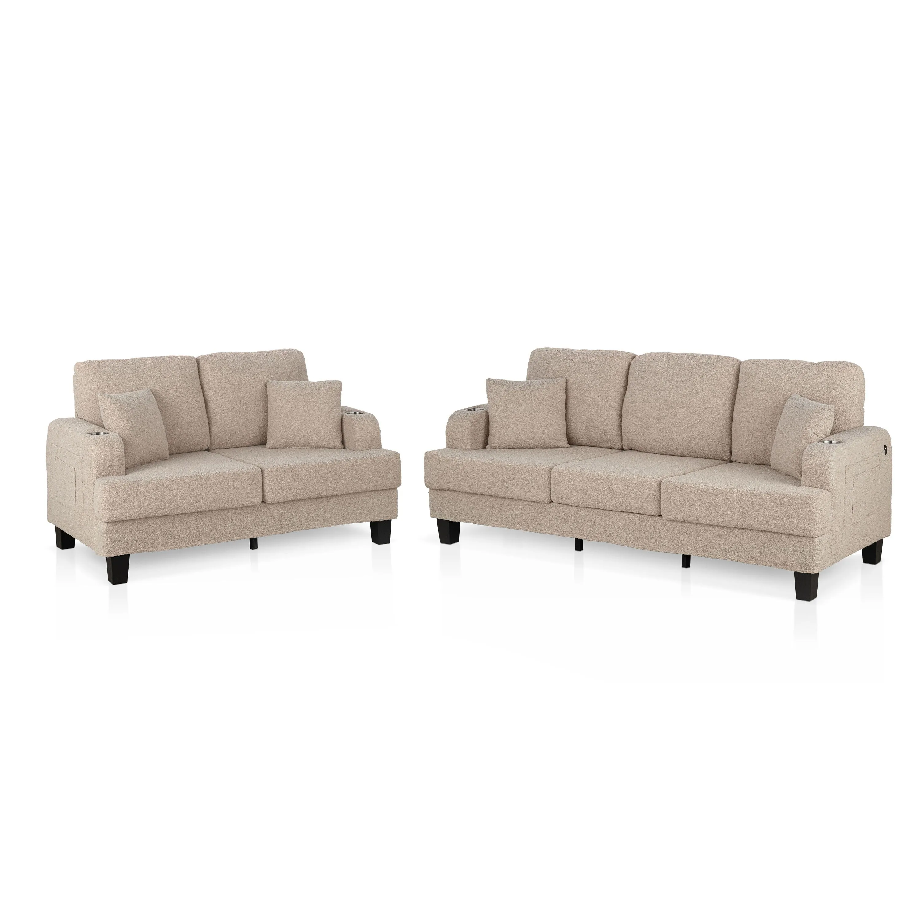Furniture of America Xenia Modern 2-Piece Boucle Sofa Set with Cup Holders and USB Ports
