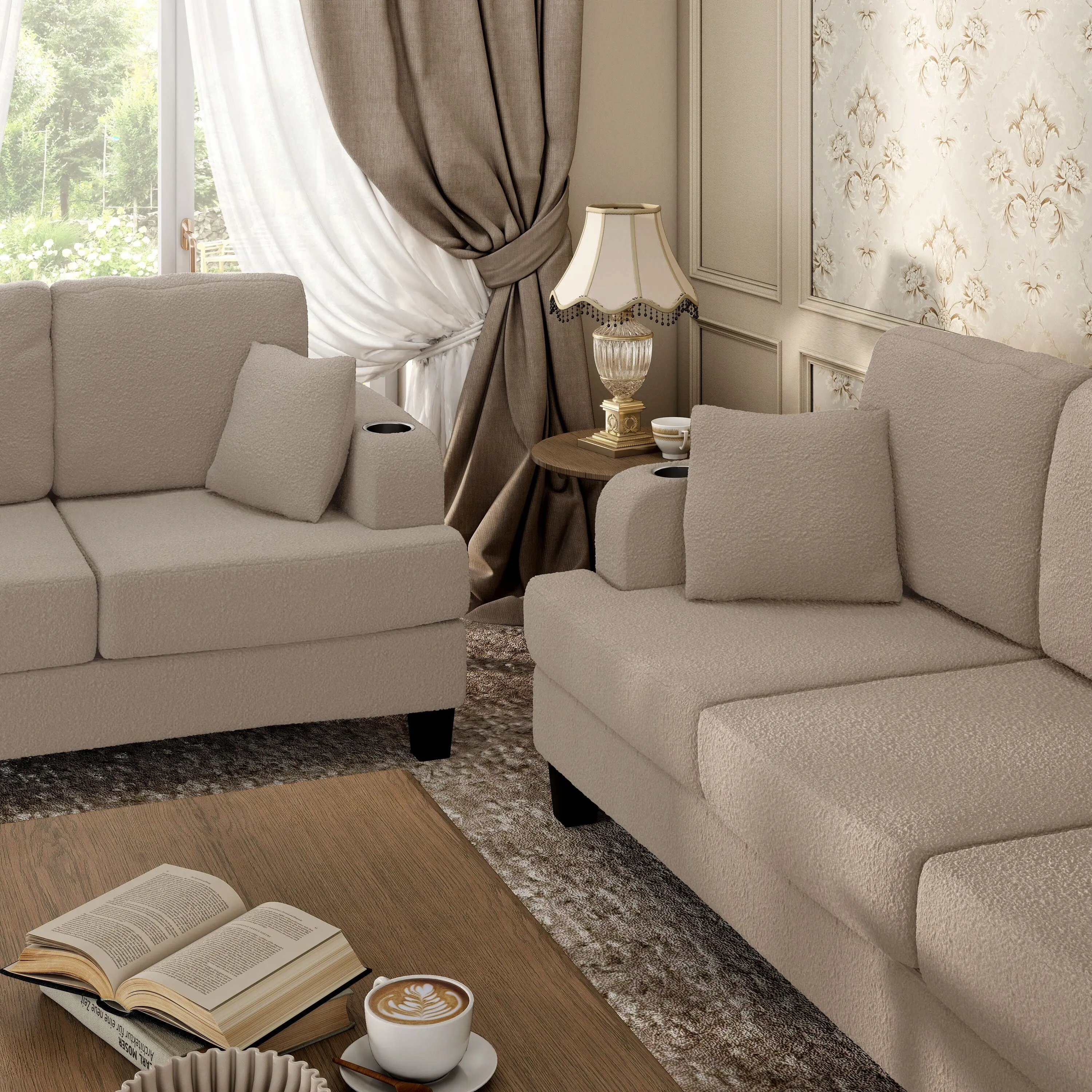 Furniture of America Xenia Modern 2-Piece Boucle Sofa Set with Cup Holders and USB Ports