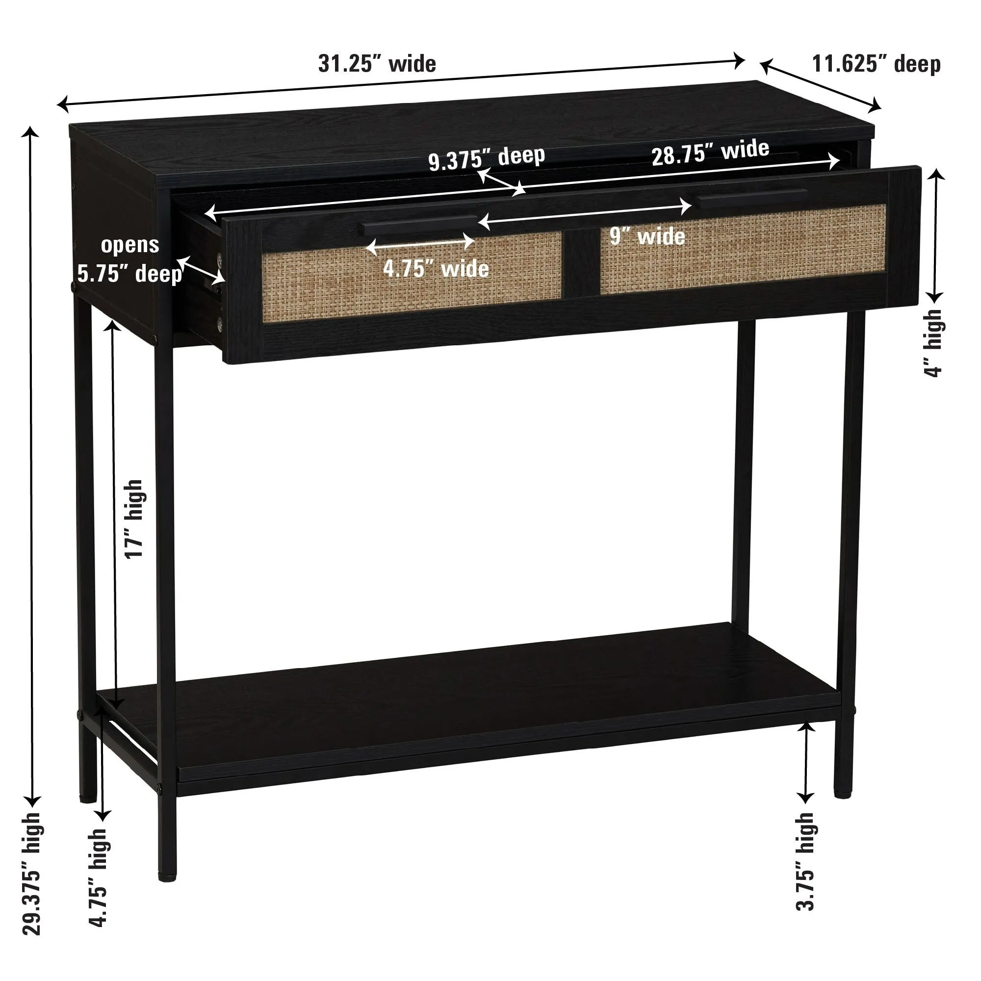 Household Essentials Bungalow Console Sofa Table with Storage Shelf and 2 Drawers - 11.6L x 31.3W x 29.5H