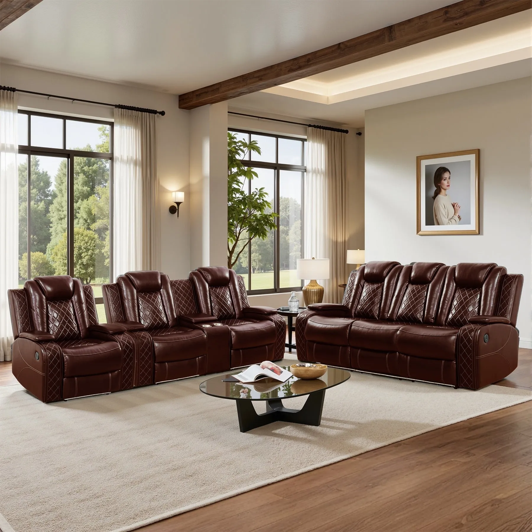 LED Breathing Leather 3-Piece Recliner Sofa Set for Living Room