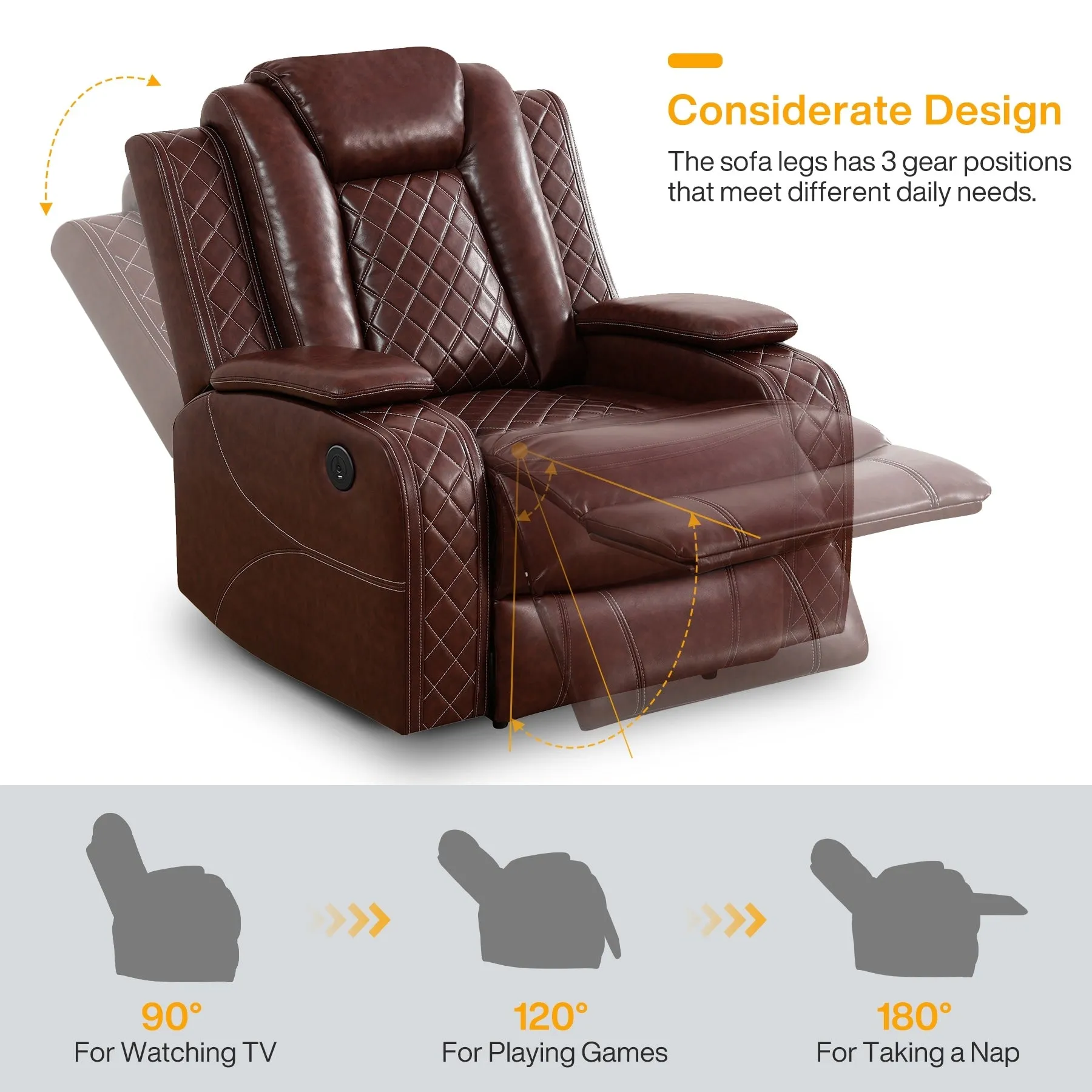 LED Breathing Leather 3-Piece Recliner Sofa Set for Living Room