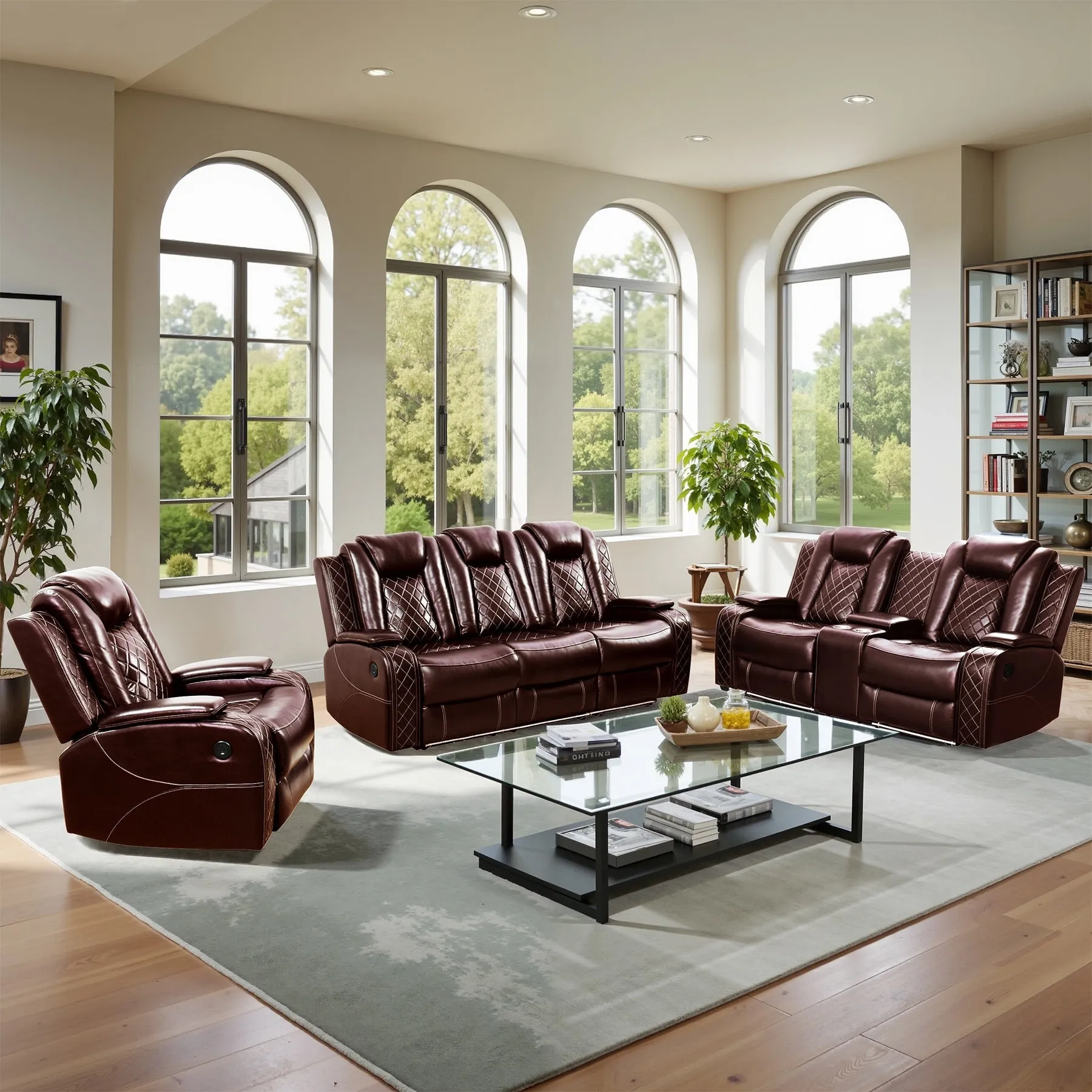 LED Breathing Leather 3-Piece Recliner Sofa Set for Living Room