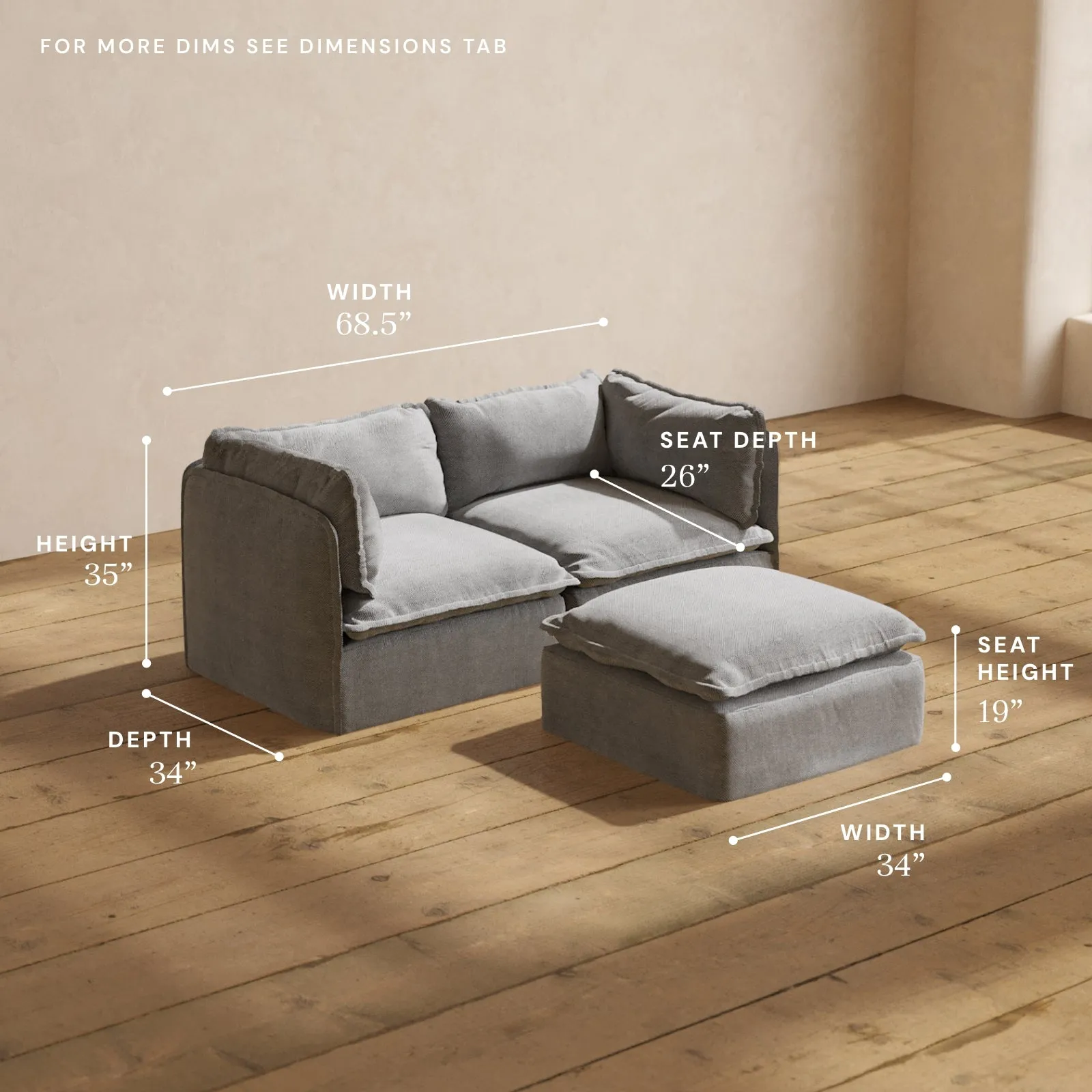 Modular Performance 2-Seater   Ottoman in Ash | Deluxe Blend