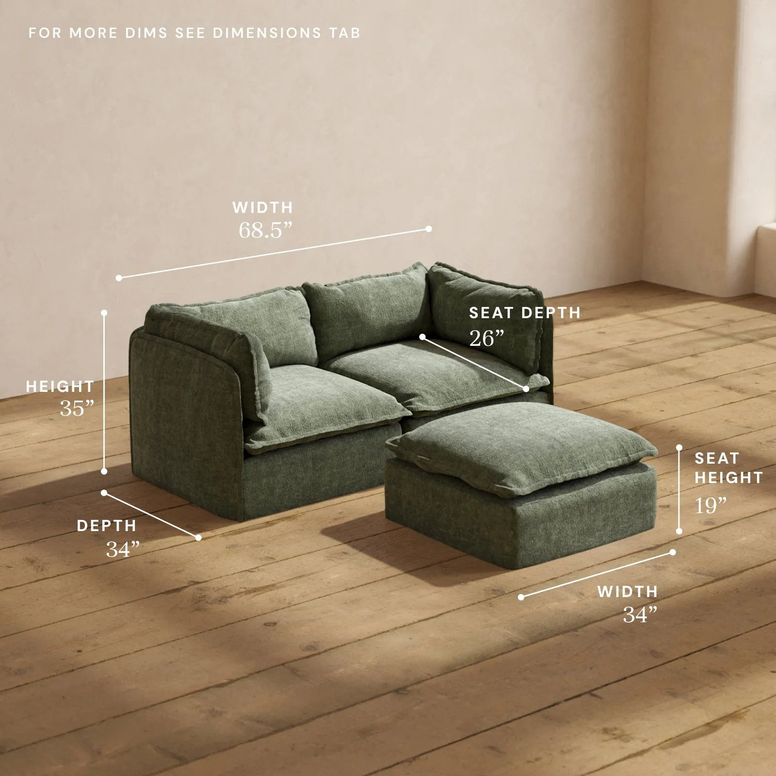 Modular Performance 2-Seater   Ottoman in Willow | Deluxe Blend
