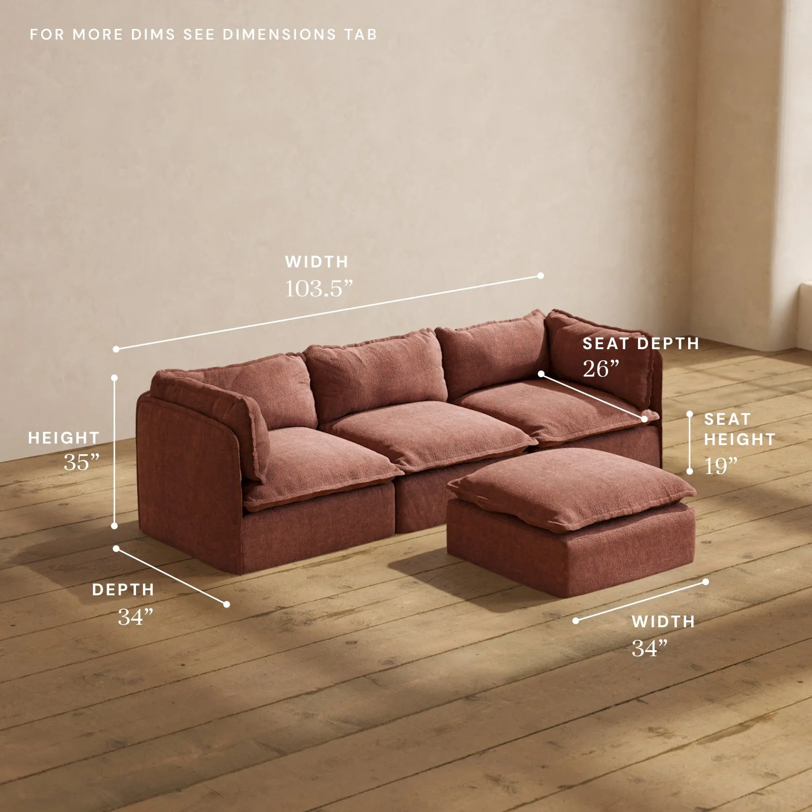 Modular Performance 3-Seater   Ottoman in Chestnut | Deluxe Blend