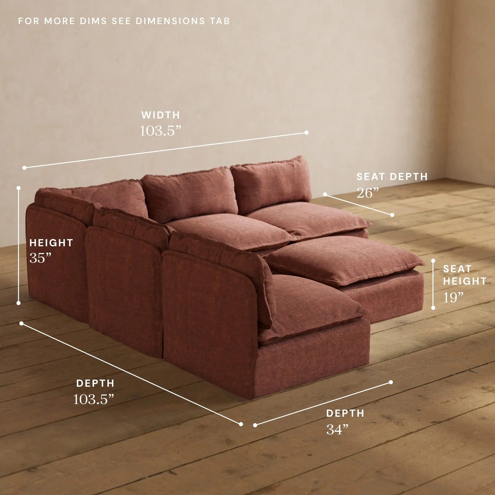 Modular Performance 5-Seater Open-Ends Corner Sectional   Ottoman in Chestnut | Relaxed Blend