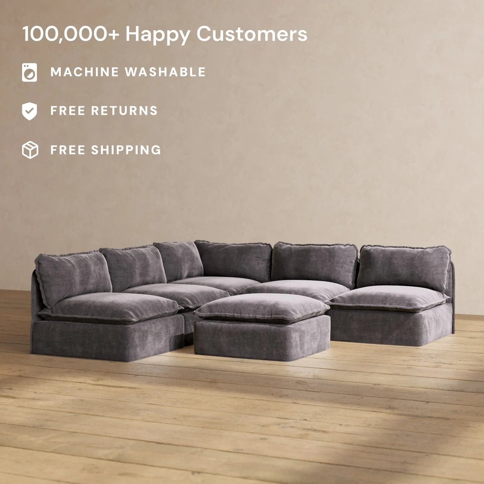 Modular Performance 5-Seater Open-Ends Corner Sectional   Ottoman in Cinder | Deluxe Blend
