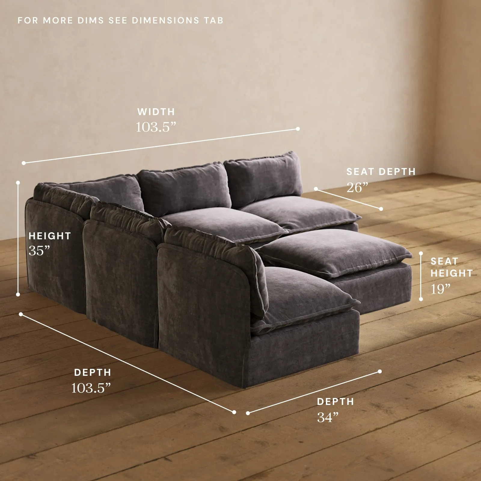 Modular Performance 5-Seater Open-Ends Corner Sectional   Ottoman in Cinder | Deluxe Blend