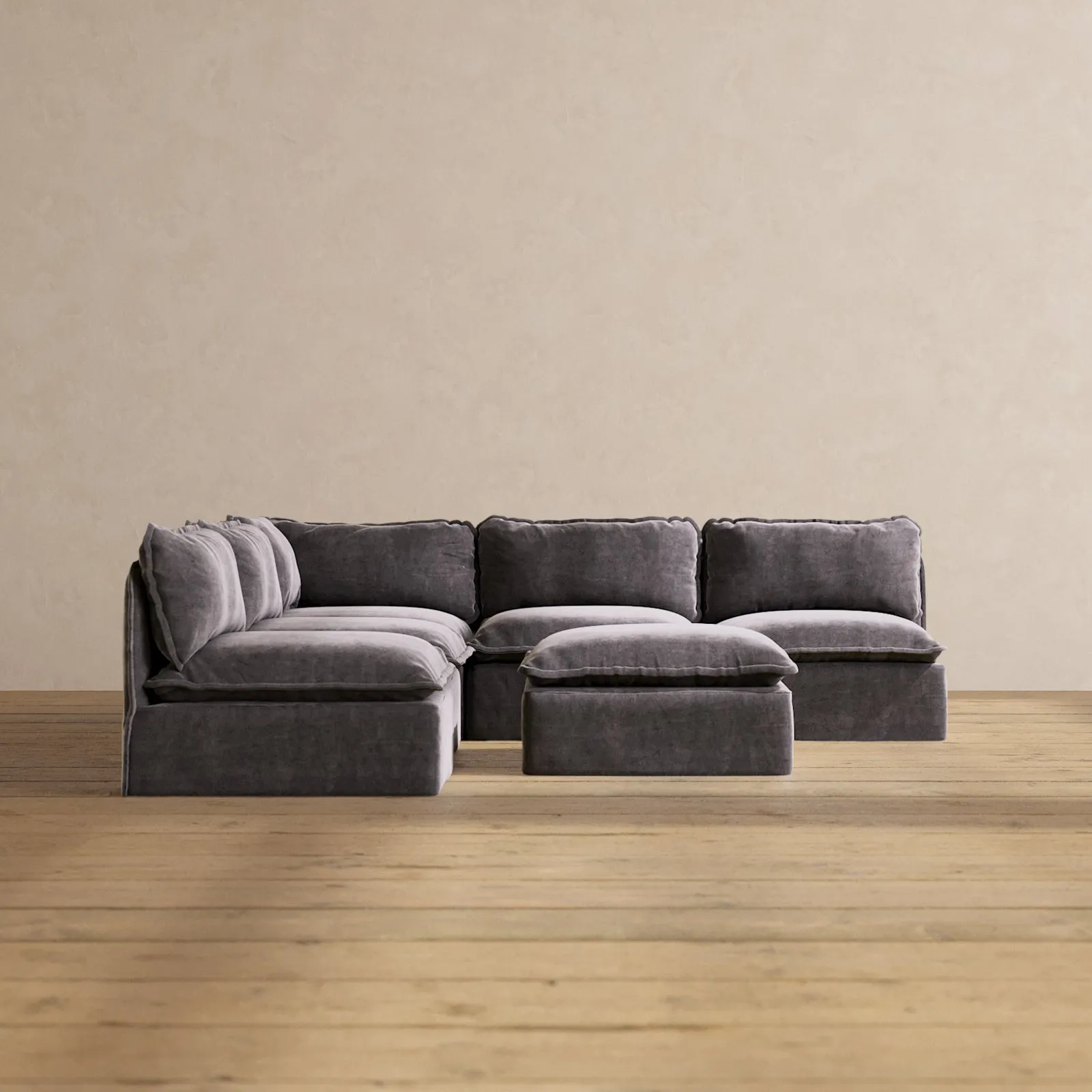 Modular Performance 5-Seater Open-Ends Corner Sectional   Ottoman in Cinder | Deluxe Blend
