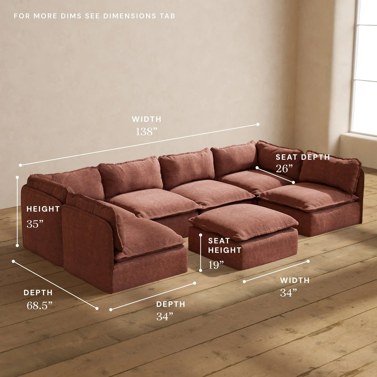 Modular Performance 6-Seater Open-Ends U-Sectional   Ottoman in Chestnut | Deluxe Blend