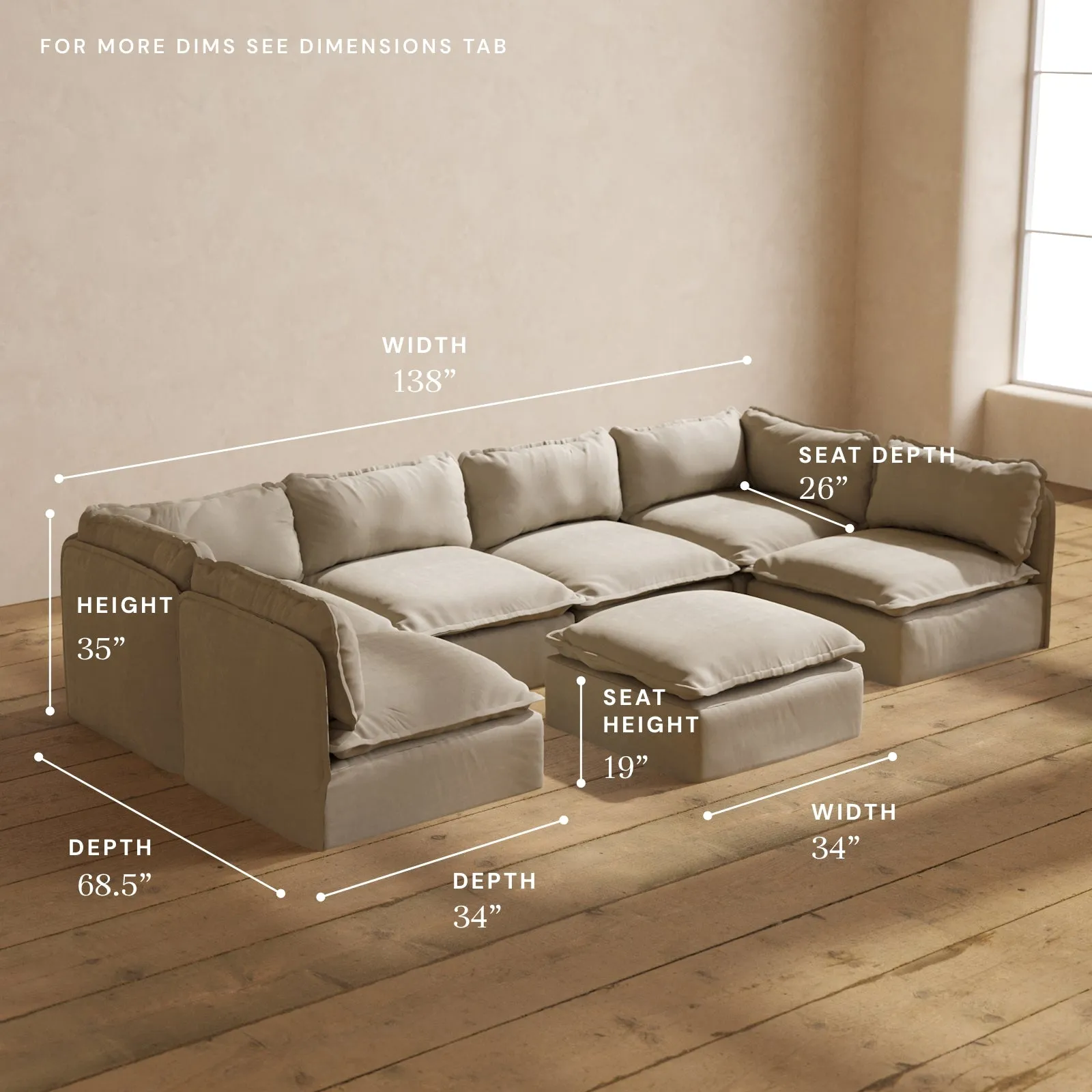 Modular Performance 6-Seater Open-Ends U-Sectional   Ottoman in Dune | Relaxed Blend