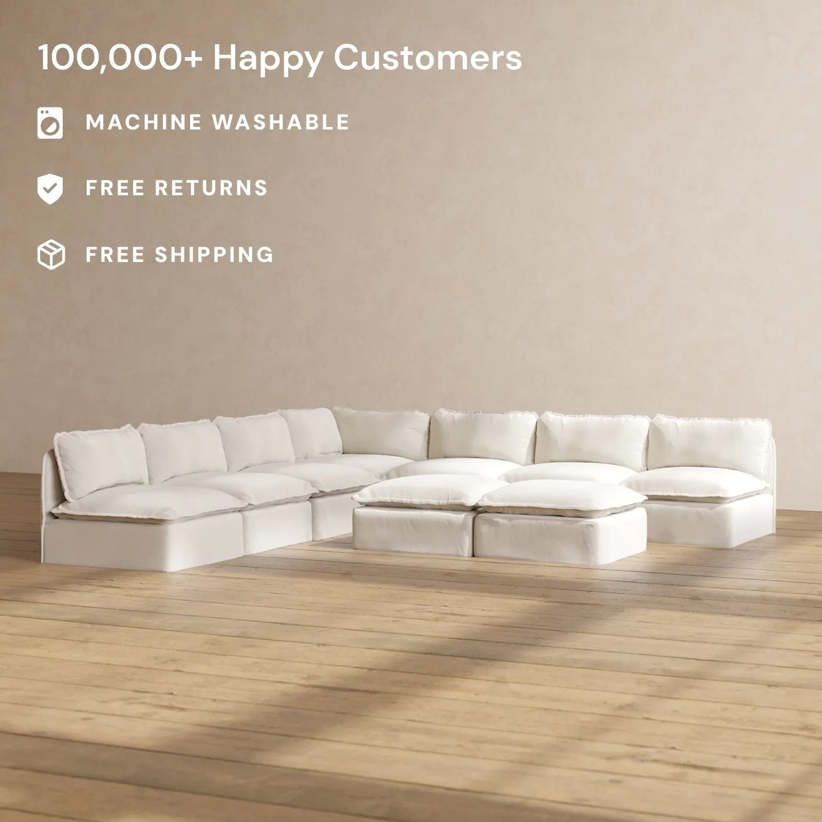 Modular Performance 7-Seater Open-Ends Corner Sectional   Bench Ottoman in Flour | Relaxed Blend