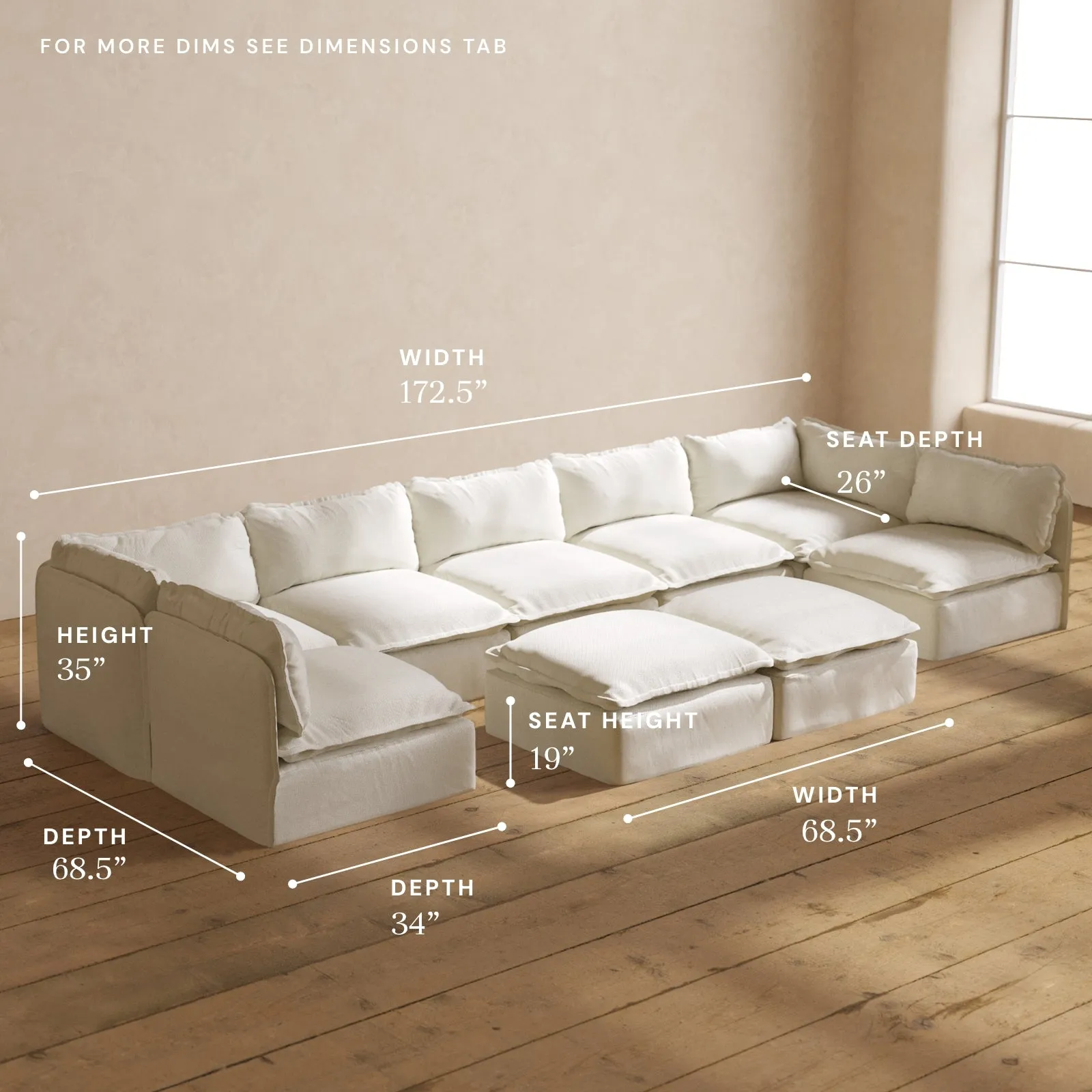 Modular Performance 7-Seater Open-Ends U-Sectional   Bench Ottoman in Eggshell | Relaxed Blend