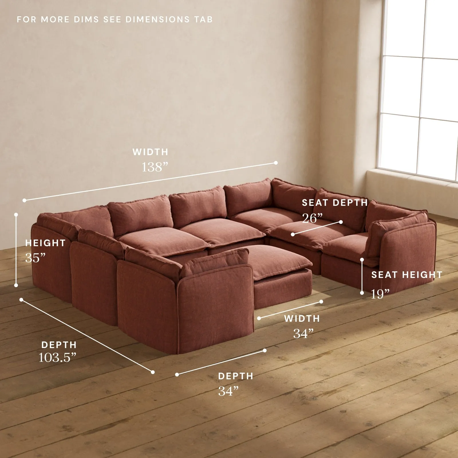 Modular Performance 8-Seater U-Sectional   Ottoman in Chestnut | Relaxed Blend