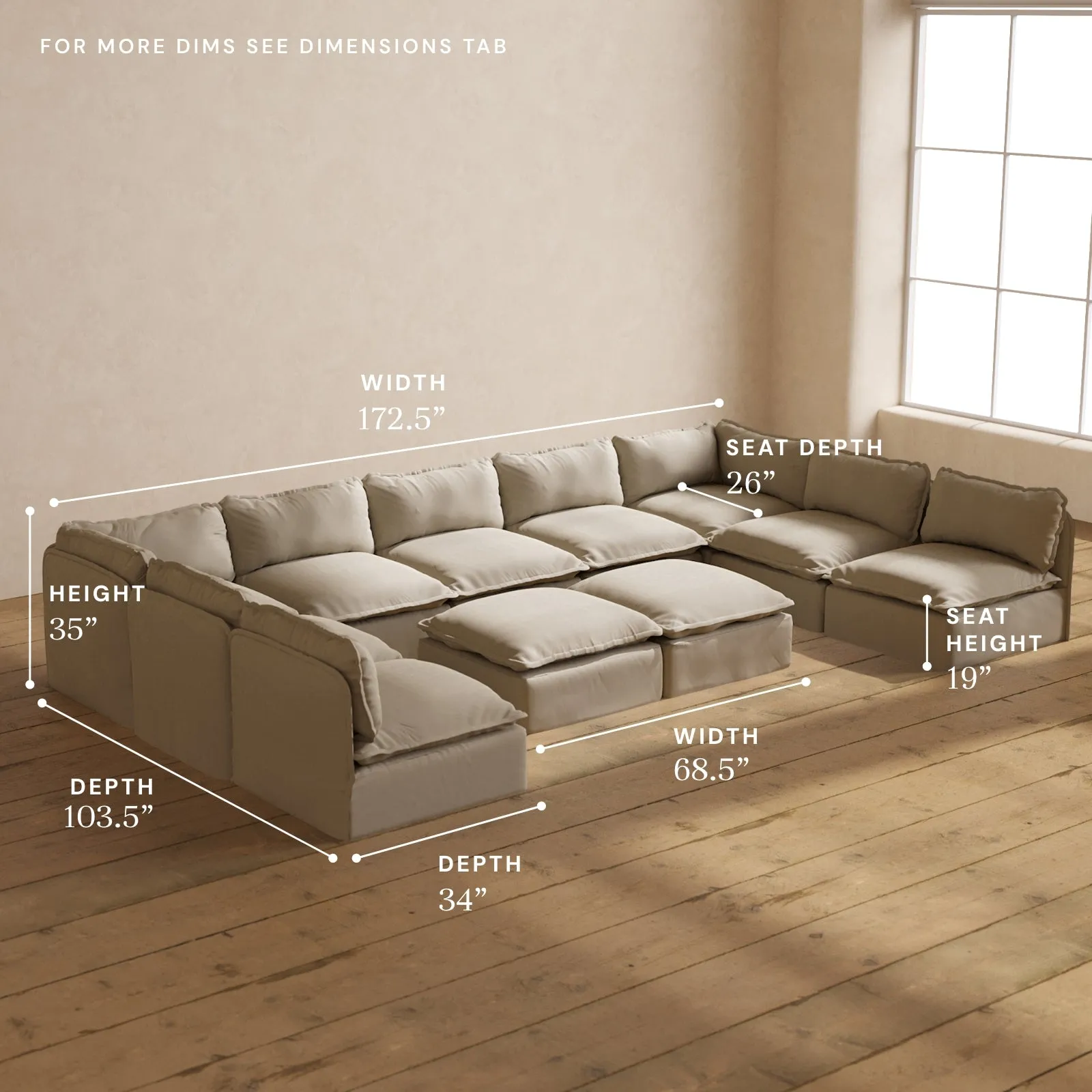 Modular Performance 9-Seater Open-Ends U-Sectional   Bench Ottoman in Dune | Relaxed Blend