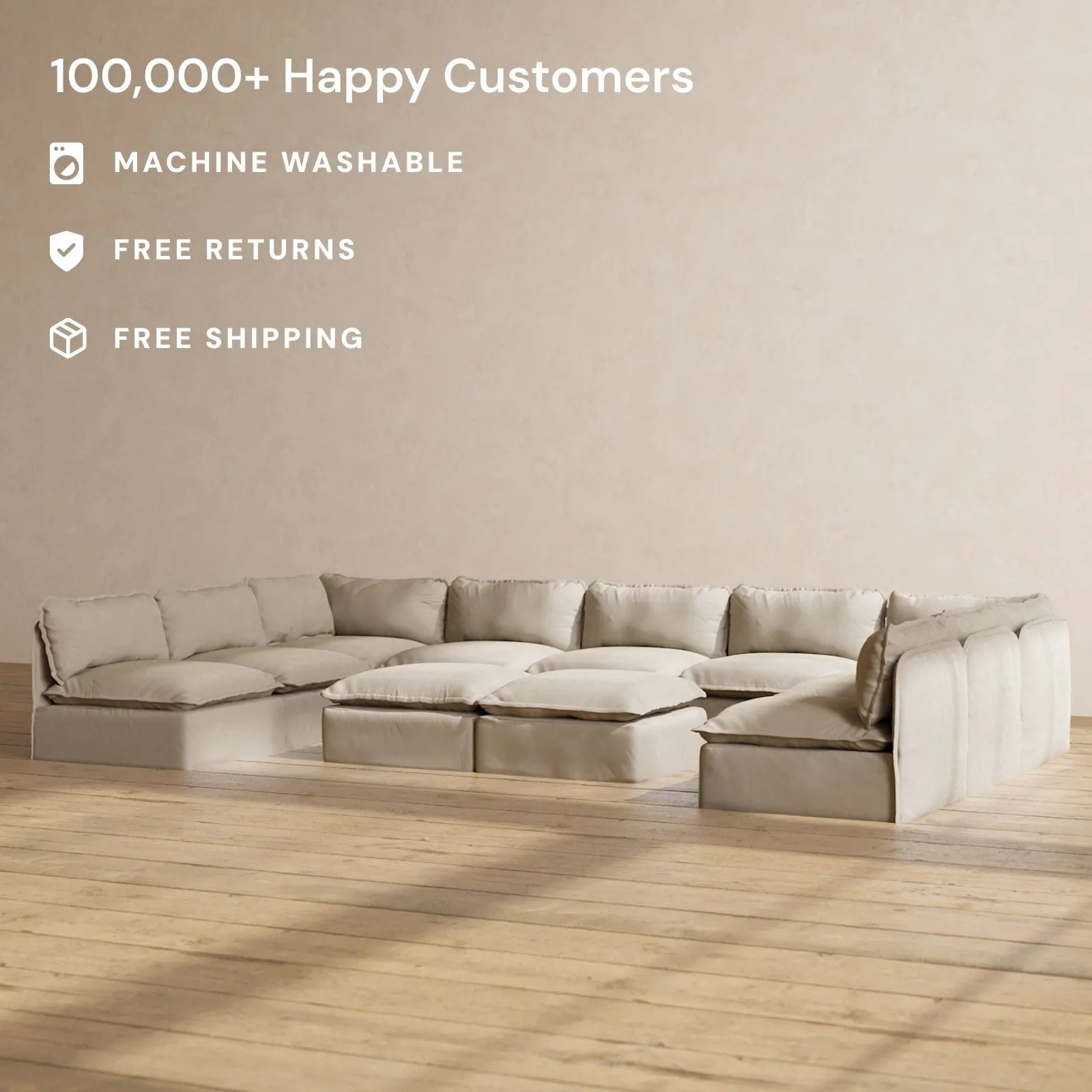 Modular Performance 9-Seater Open-Ends U-Sectional   Bench Ottoman in Dune | Relaxed Blend
