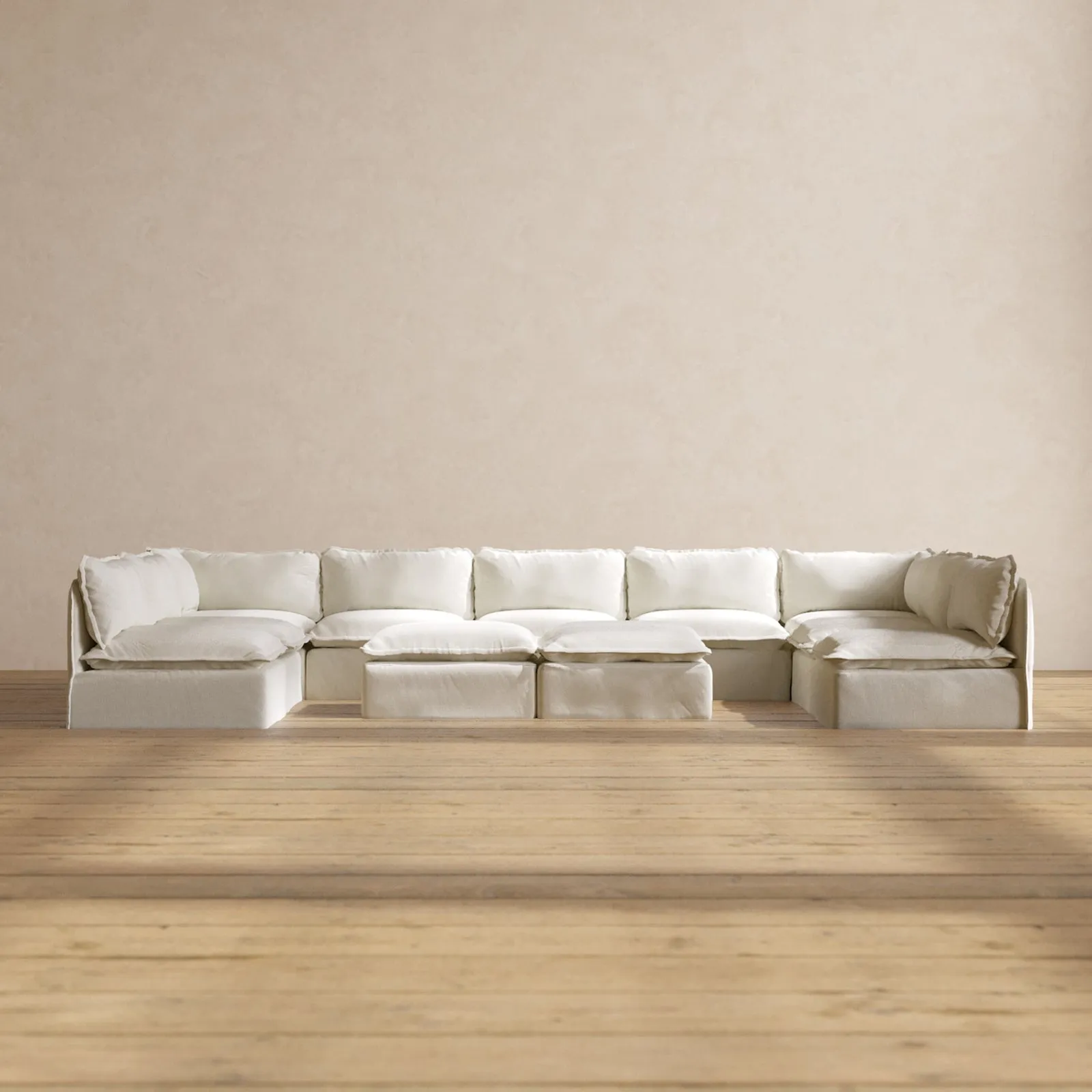 Modular Performance 9-Seater Open-Ends U-Sectional   Bench Ottoman in Eggshell | Relaxed Blend