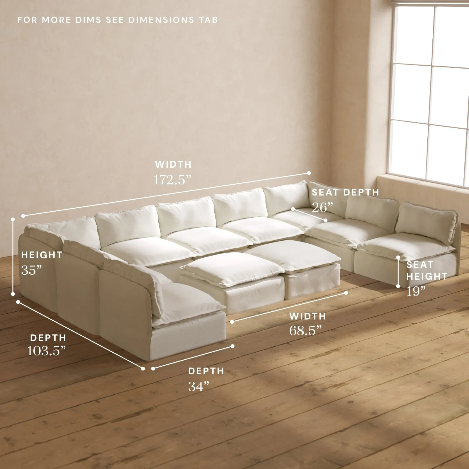Modular Performance 9-Seater Open-Ends U-Sectional   Bench Ottoman in Eggshell | Relaxed Blend
